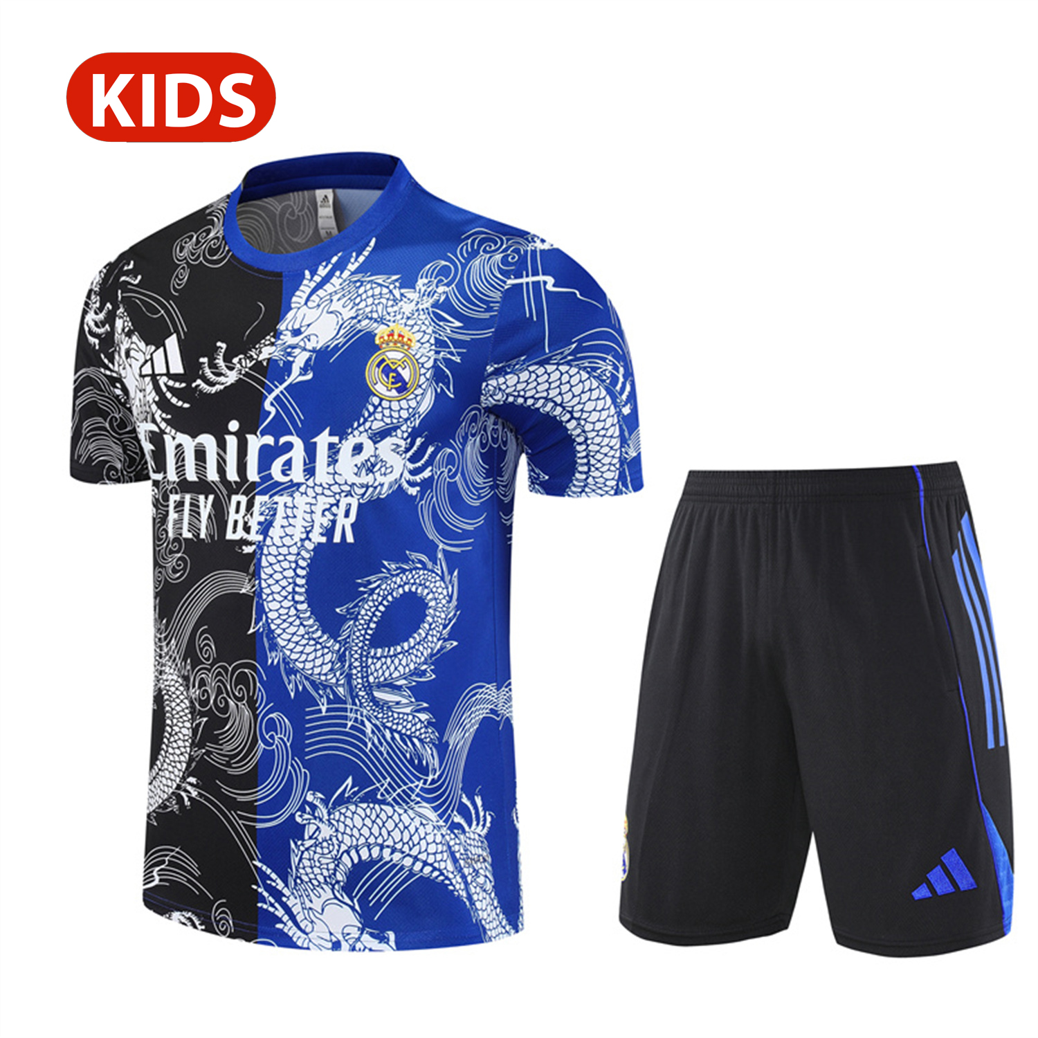 TKH-turbokithub-Real Madrid 25-26 Kid Short-Sleeve Training Set - Blue Black Dragon Top & Black Shorts