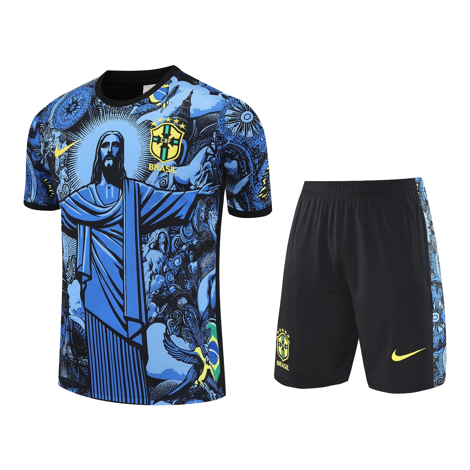 TKH-turbokithub-Brazil 25-26 Blue Jesus Statue Short-Sleeve Training Set - Blue Top & Black Shorts