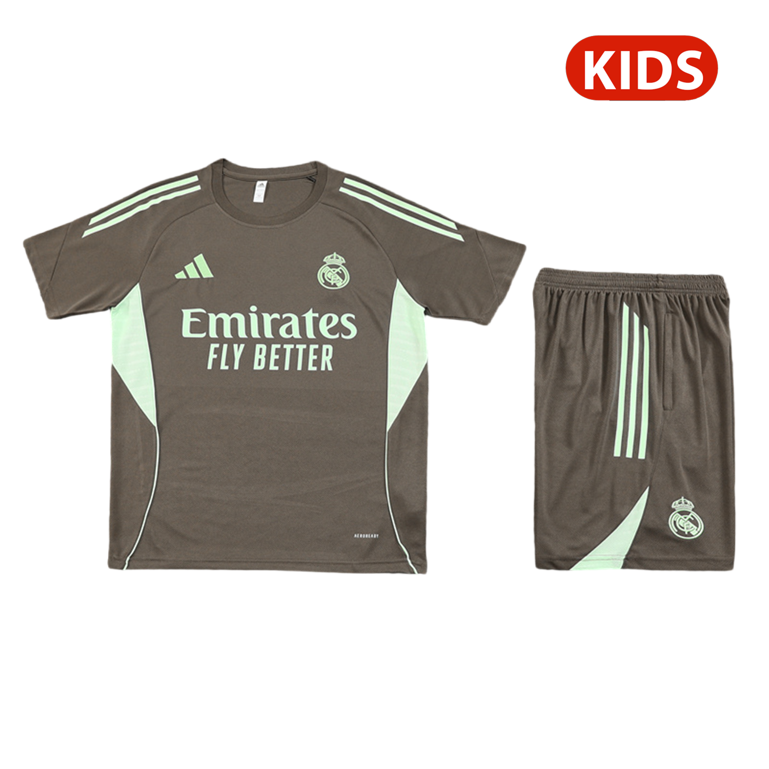 TKH-turbokithub-Real Madrid 25-26 Kids Short-Sleeve Training Set - Dark Khaki Top and Shorts