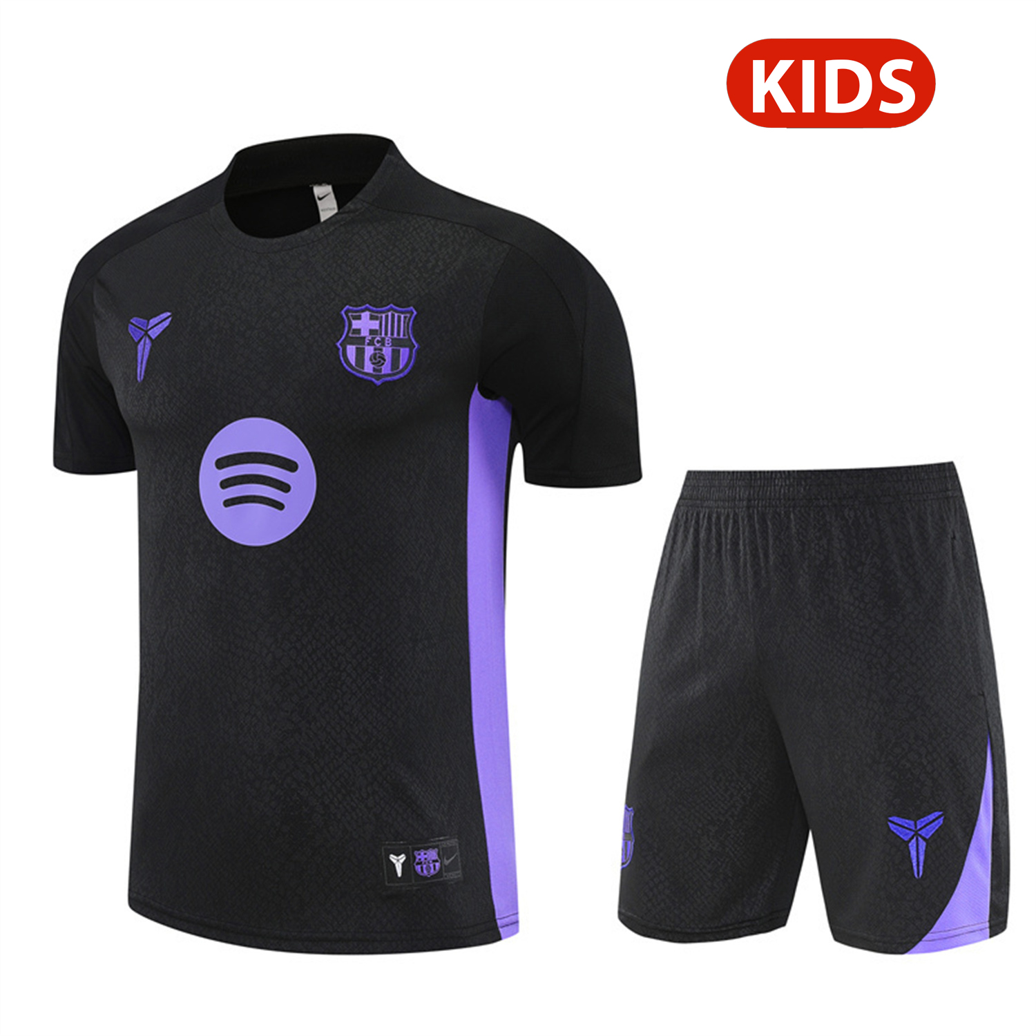 TKH-turbokithub-Barcelona 25-26 X KB Kids Short-Sleeve Training Set - Black Blue Top & Black Shorts