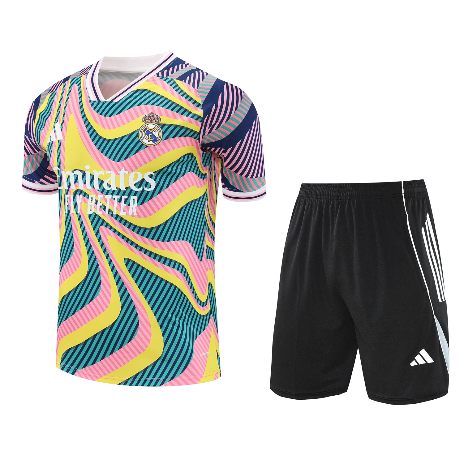 TKH-turbokithub-Real Madrid 25-26 Short-Sleeve Training Set - Colorful Curve Pattern Top & Black Shorts