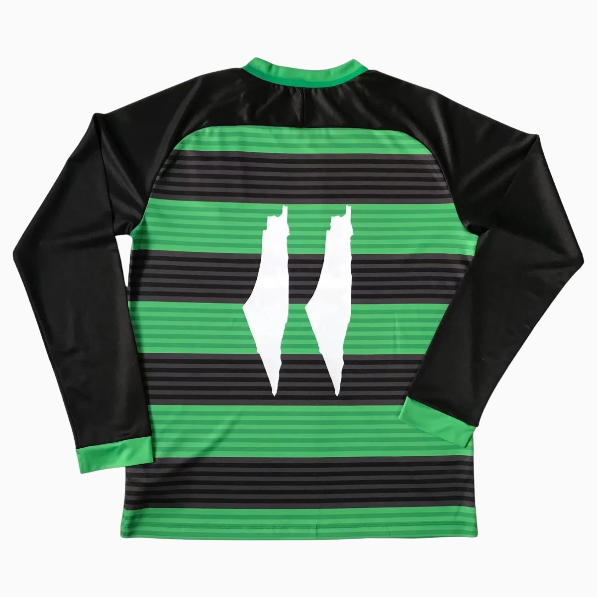 TKH-turbokithub-FC Palestina 24 - 25 Black and Green Horizontal Striped Long Sleeve Jersey - With Arabic and Patterns