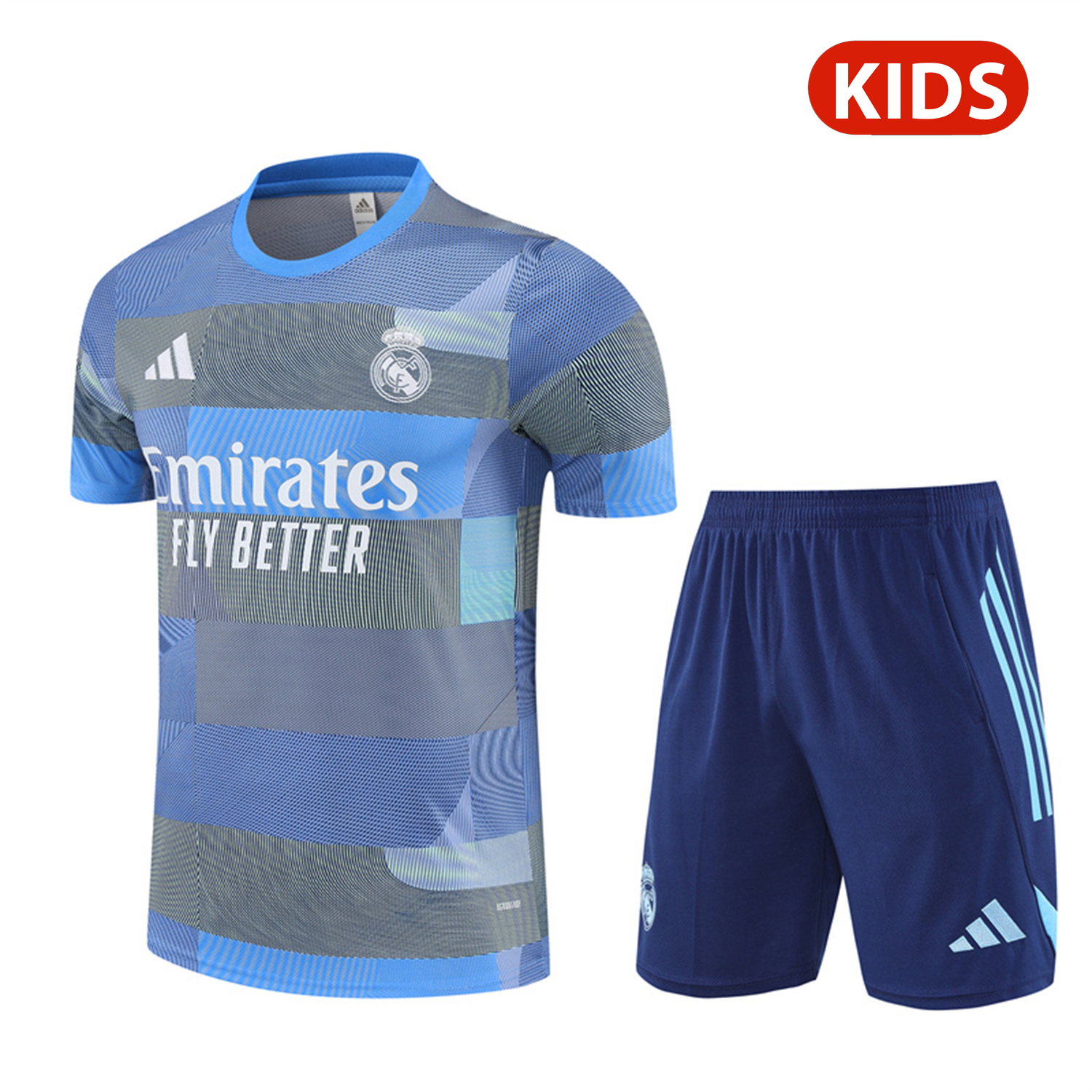 TKH-turbokithub-Real Madrid 25-26 Pre-Match Kids Short-Sleeve Training Set - Blue-Gray Camouflage Top and Blue Shorts