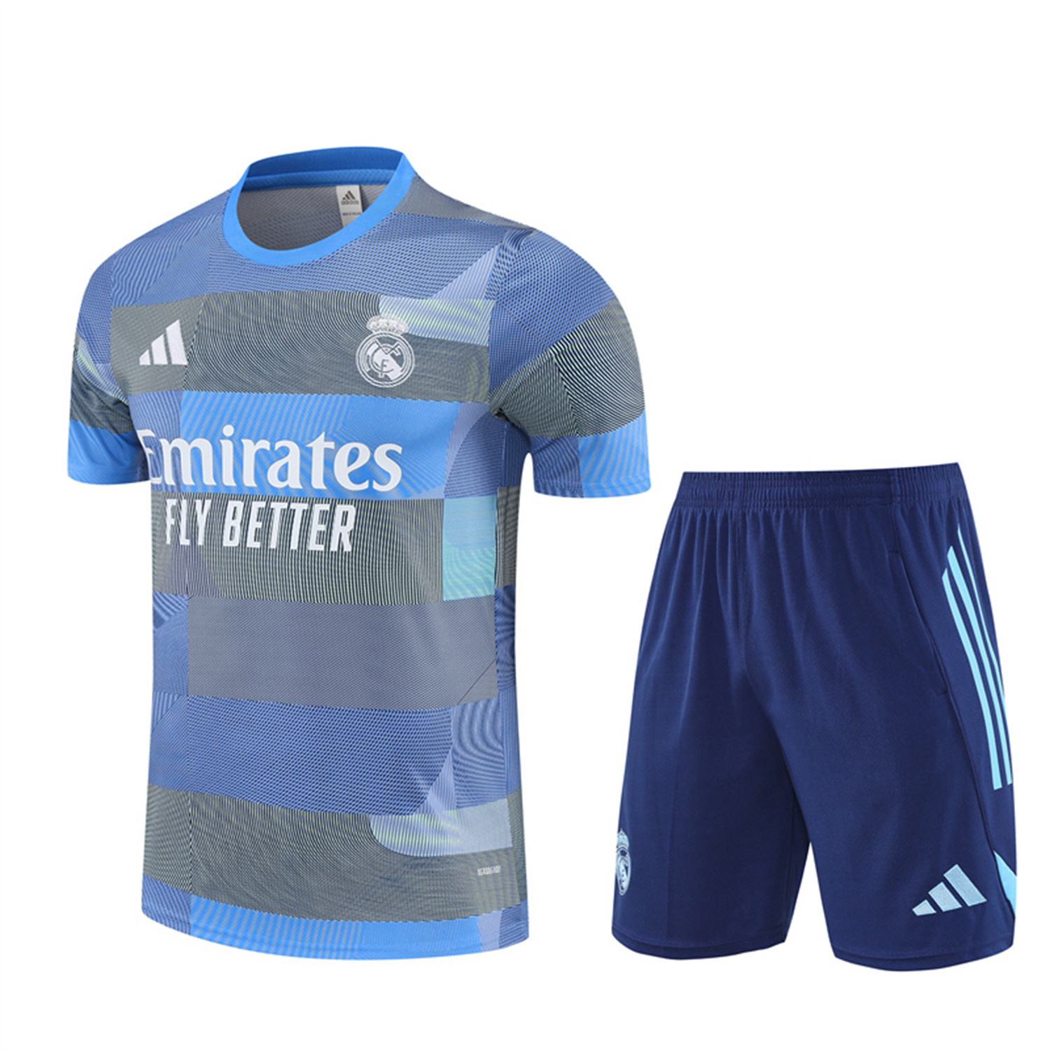 TKH-turbokithub-Real Madrid 25-26 Pre-Match Short-Sleeve Training Set - Blue-Gray Camouflage Top and Blue Shorts