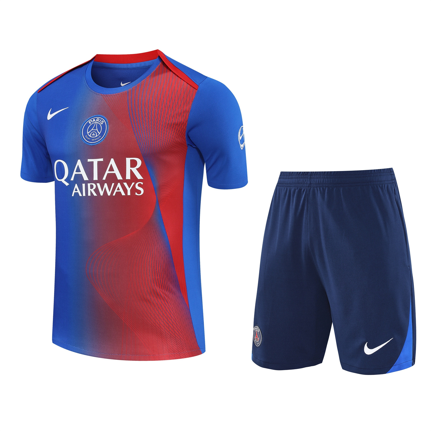 TKH-turbokithub-Paris Saint-Germain PSG 25-26 Short-Sleeve Training Set - Red And Blue Lines Top & Blue Shorts