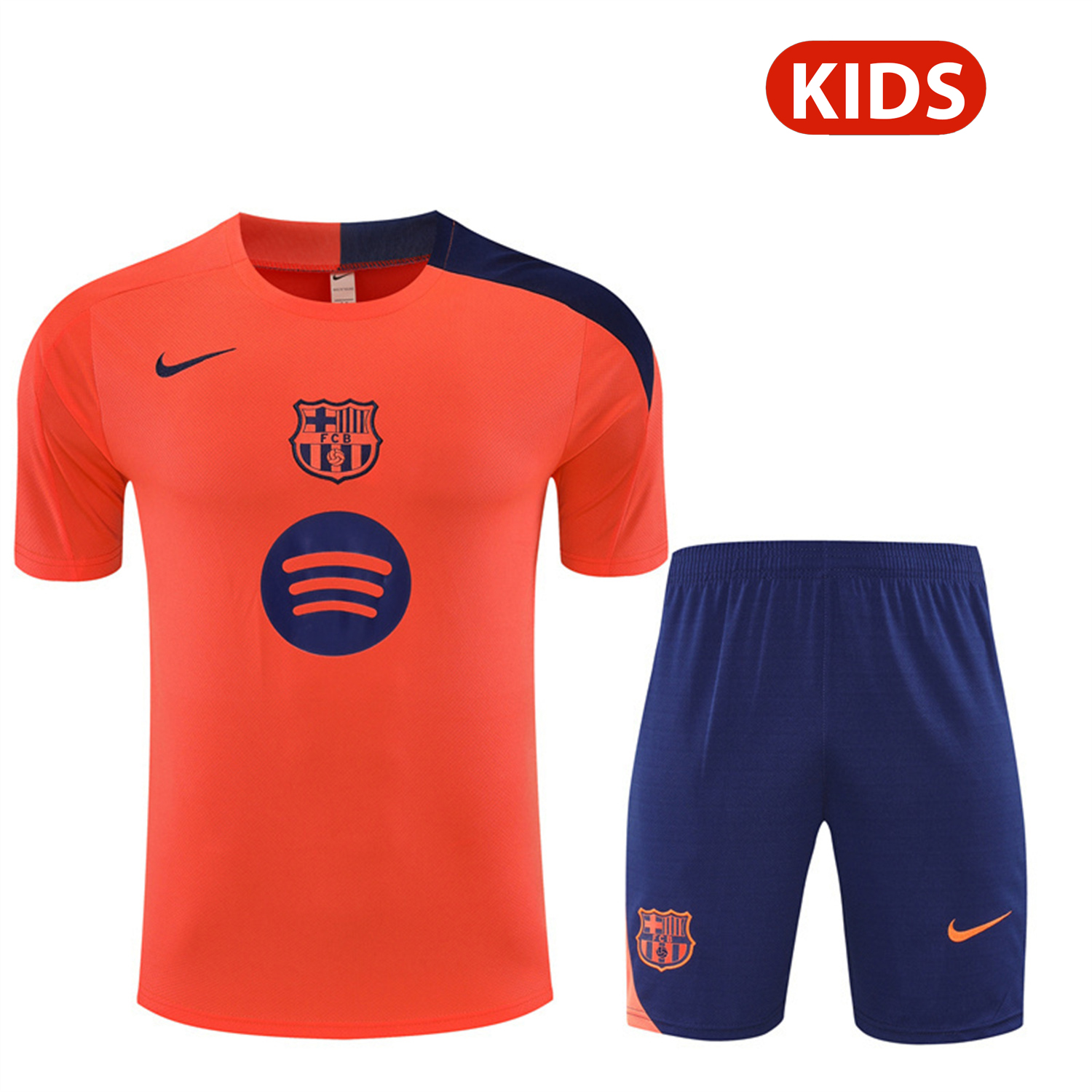 TKH-turbokithub-Barcelona 25-26 Kids Short-Sleeve Training Set - Orange Top Royal Blue Sponsor & Royal Blue Shorts