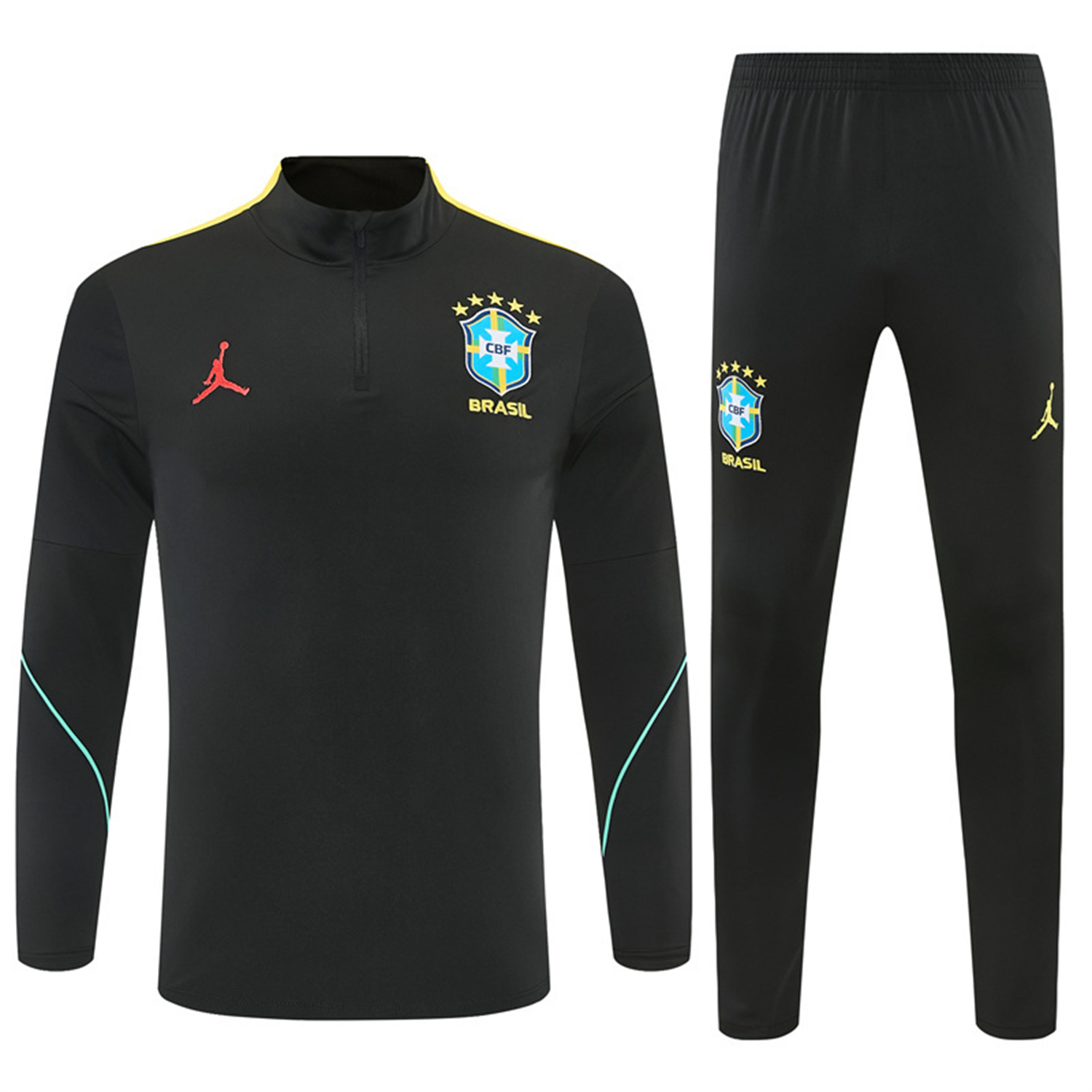 TKH-turbokithub-Brazil X JD 2026 Kids Long Sleeves Training Set - Black Top And Black Yellow Pants