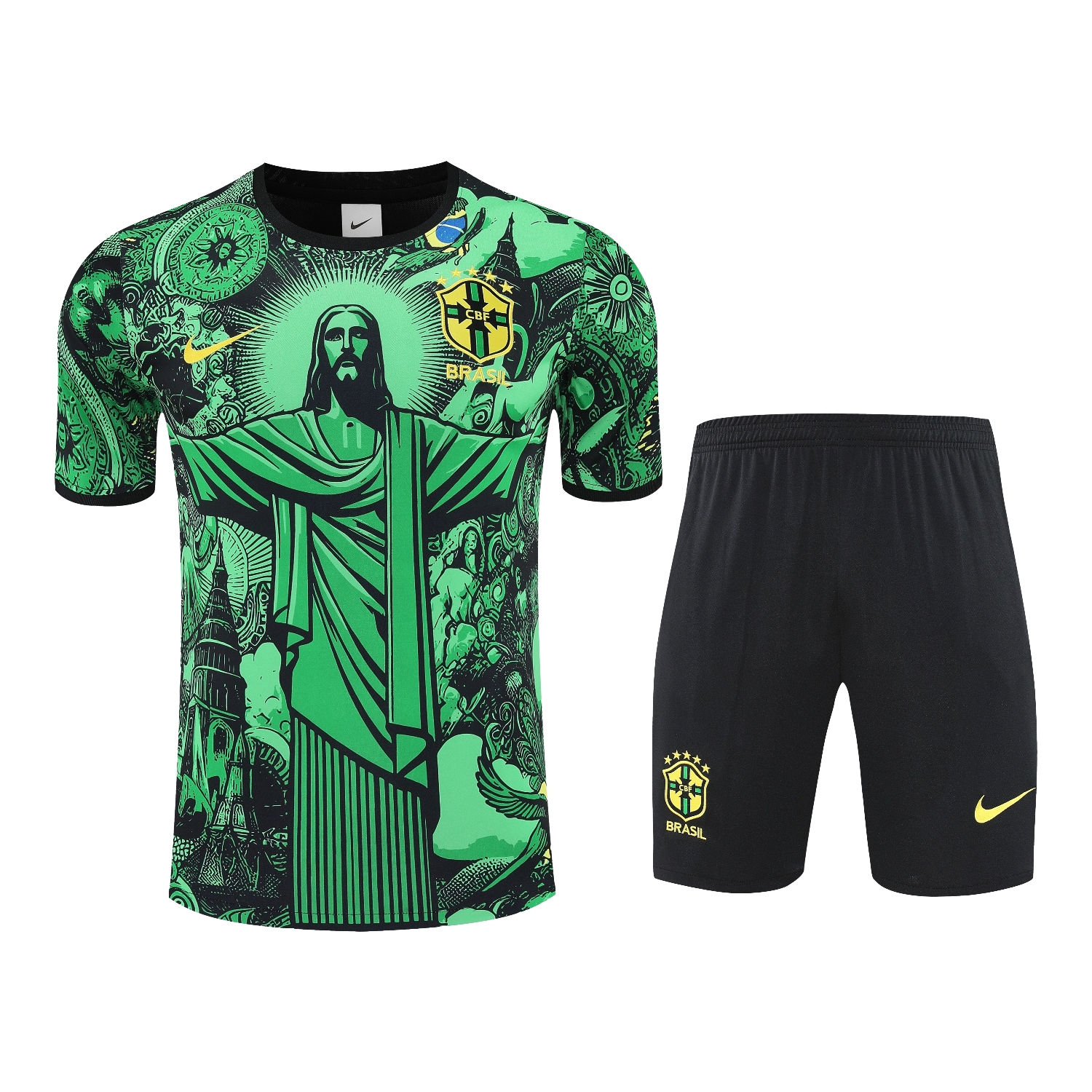 TKH-turbokithub-Brazil 25-26 Green Jesus Statue Short-Sleeve Training Set - Green Top & Black Shorts