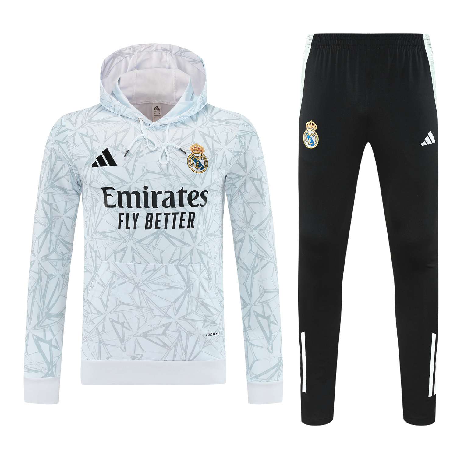 TKH-turbokithub-Real Madrid 25-26 Traning Hoodie Set - Triangular Spots White Hoodie With Black Pants