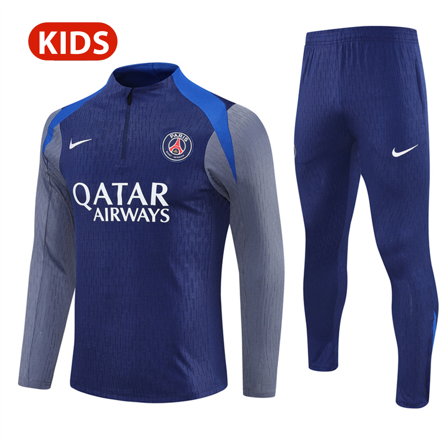 TKH-turbokithub-Paris Saint-Germain PSG 25-26 Kid Long Sleeves Training Set - Royal Blue Gray Sleeves Top & Royal Blue Pants
