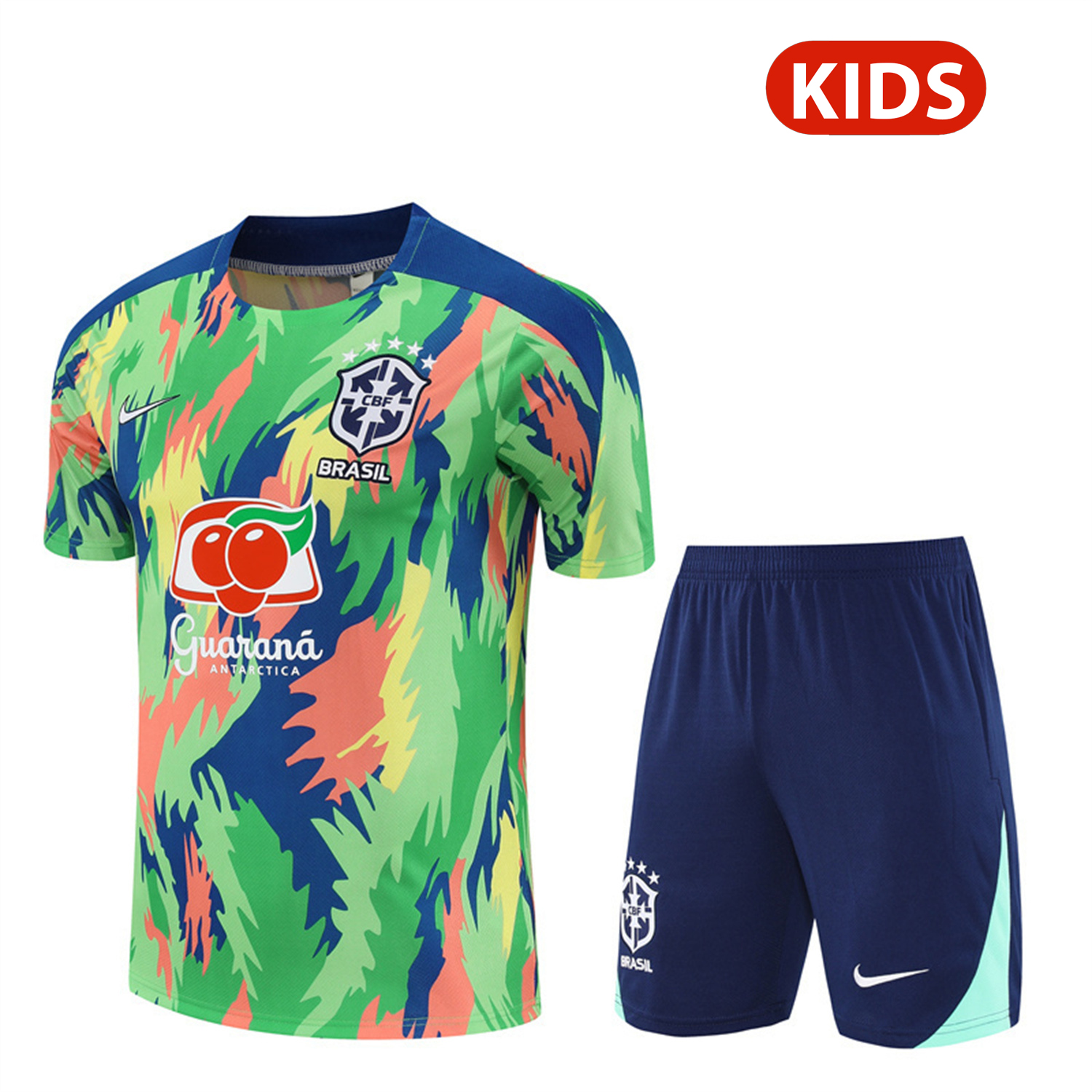 TKH-turbokithub-Brazil 25-26 Kids Short-Sleeve Training Set - Blue Green Camouflage Top & Blue Shorts