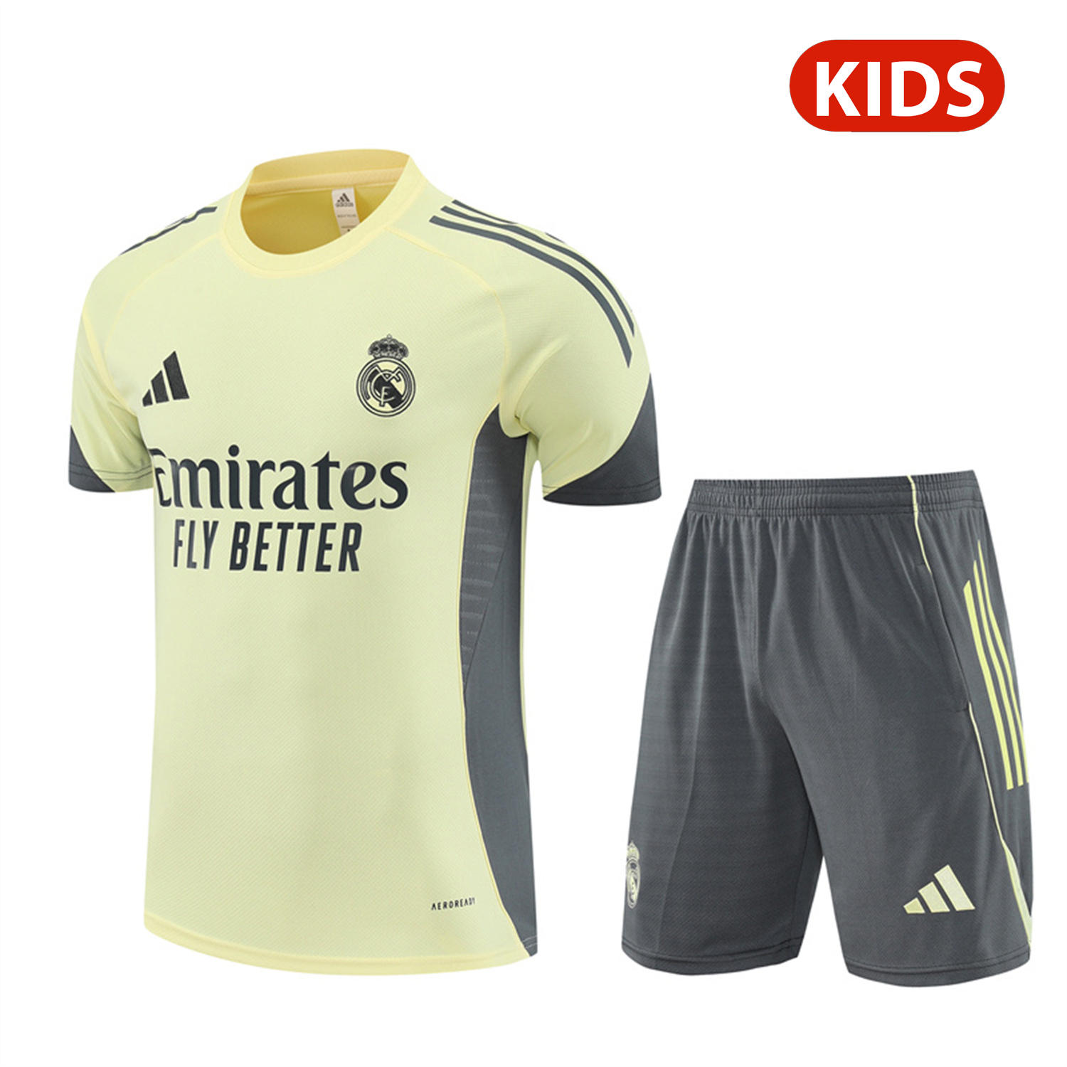 TKH-turbokithub-Real Madrid 25-26 Kids Short-Sleeve Training Set - Yellow Top and Grey Shorts
