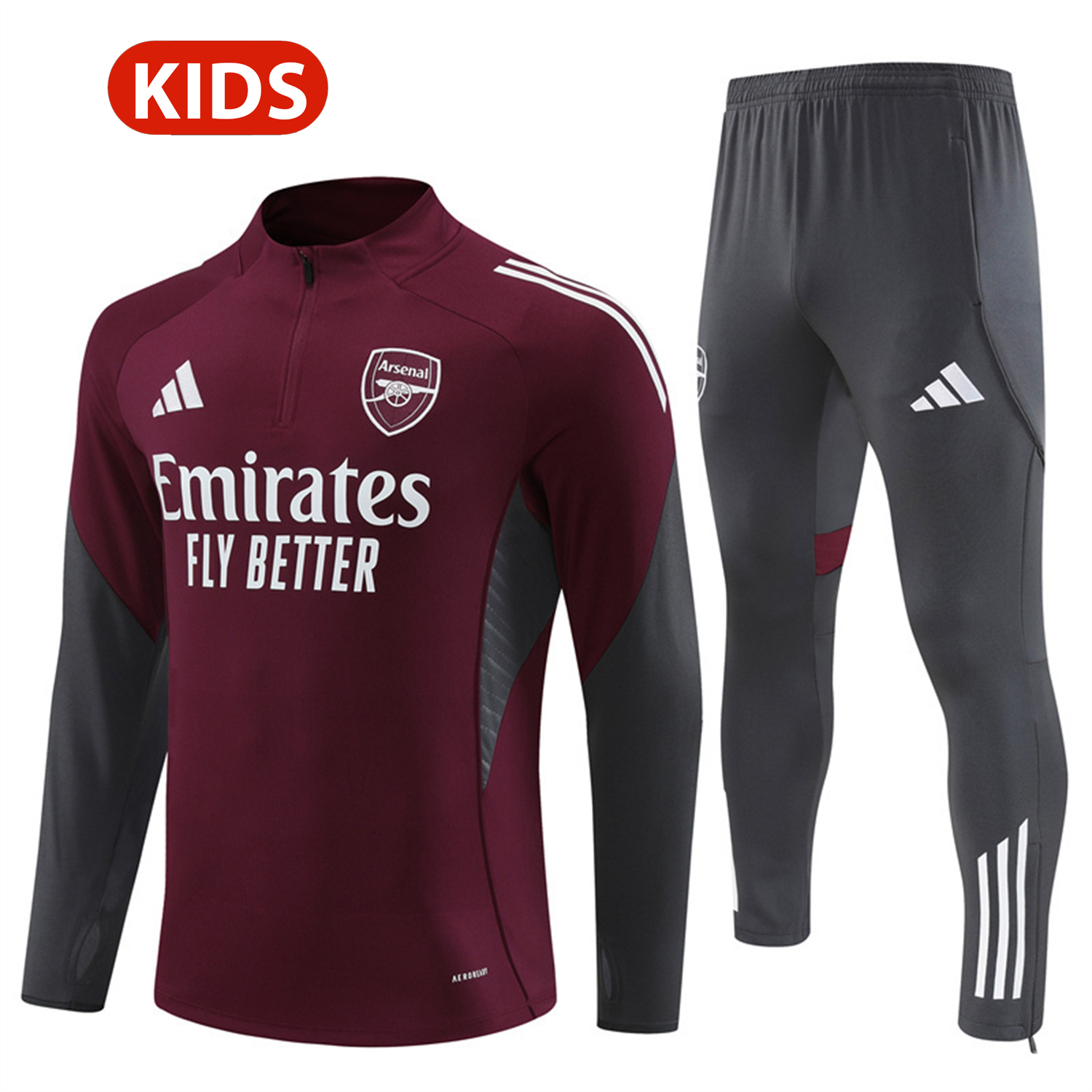 TKH-turbokithub-Arsenal 25-26 Kids Long Sleeve Training Set - Wine Red Top & Grey Pants