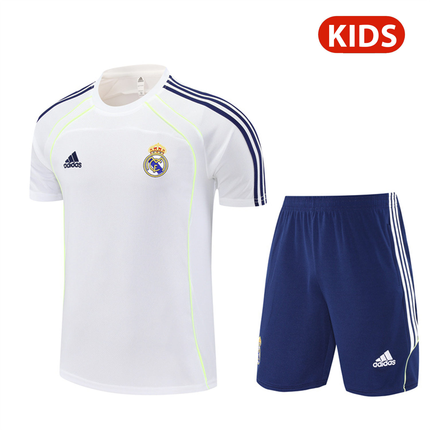 TKH-turbokithub-Real Madrid 25-26 Kids Short-Sleeve Training Set - White Urban Purist Style Top and Blue Shorts