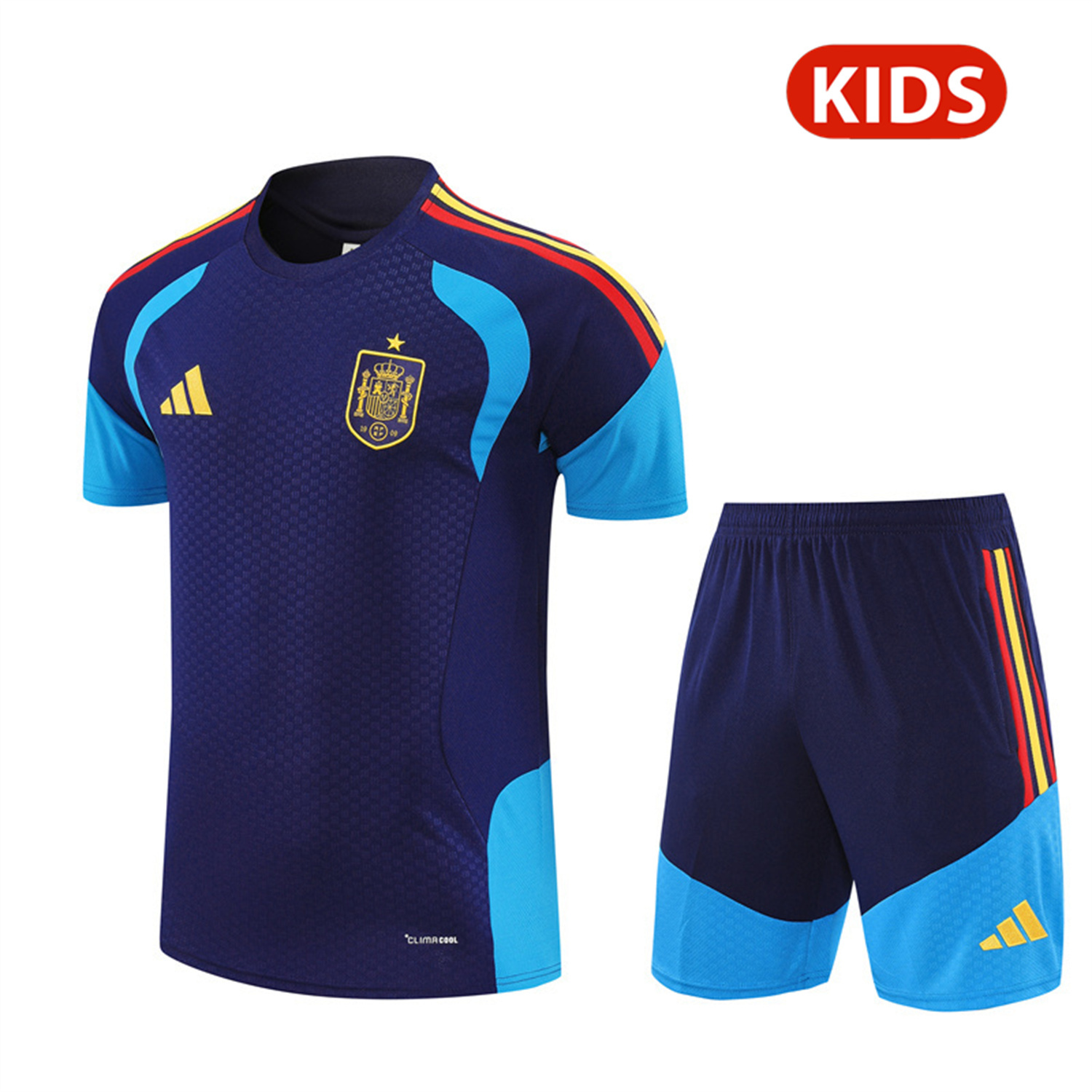 TKH-turbokithub-Spain 2026 Kids Short-Sleeve Training Set - Royal Blue Top & Shorts