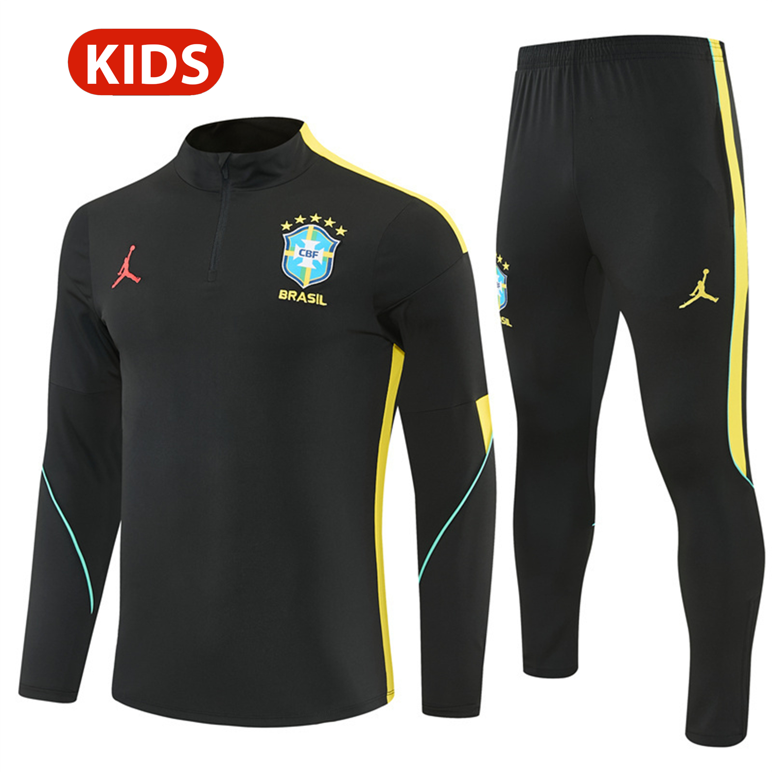 TKH-turbokithub-Brazil X JD 2026 Kids Long Sleeves Training Set - Black Top And Black Yellow Pants