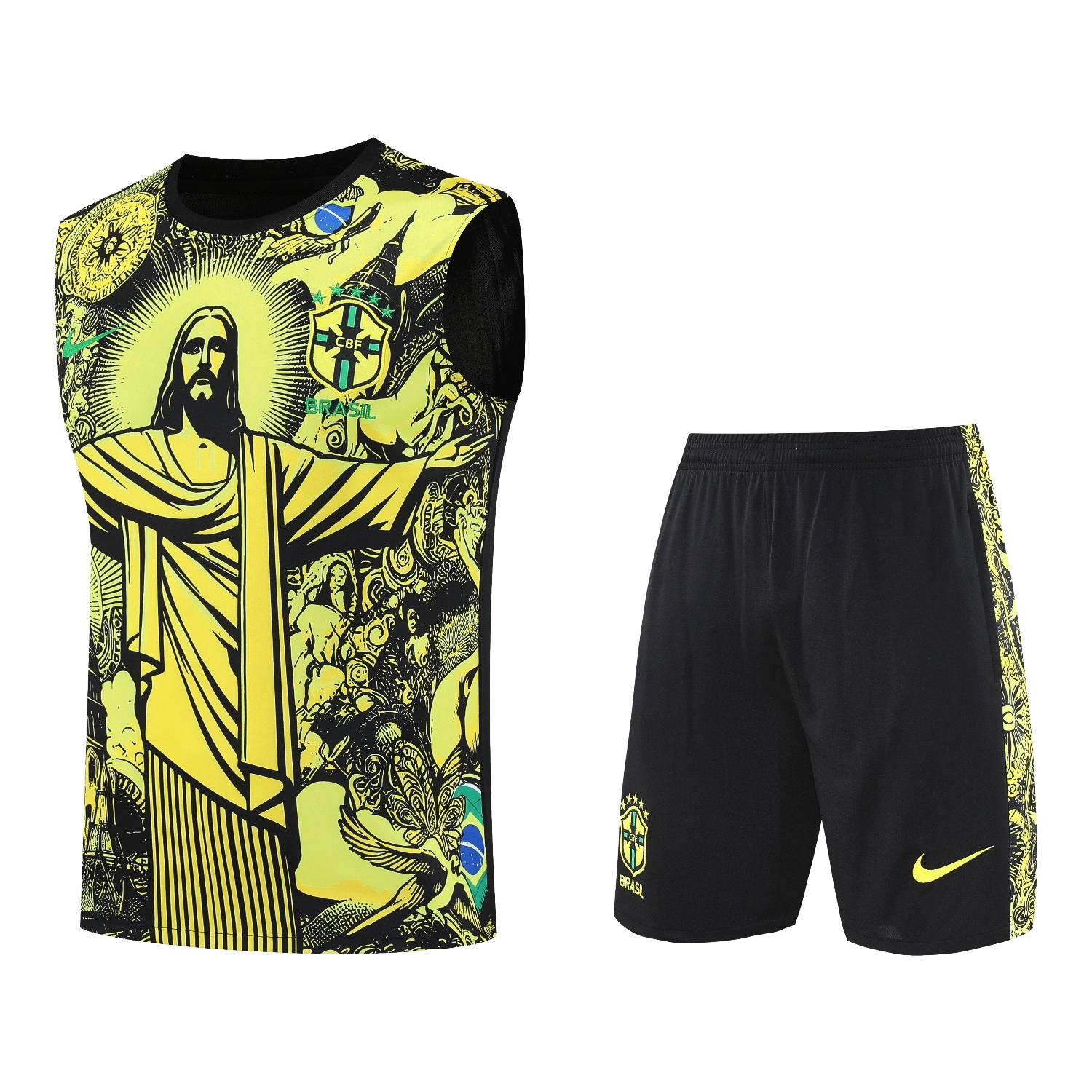 TKH-turbokithub-Brazil 25-26 Yellow Jesus Statue Vest Training Set - Yellow Vest & Black Shorts