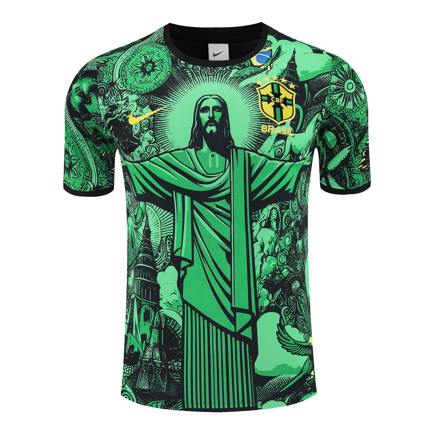 TKH-turbokithub-Brazil 25-26 Green Jesus Statue Short-Sleeve Training Set - Green Top & Black Shorts