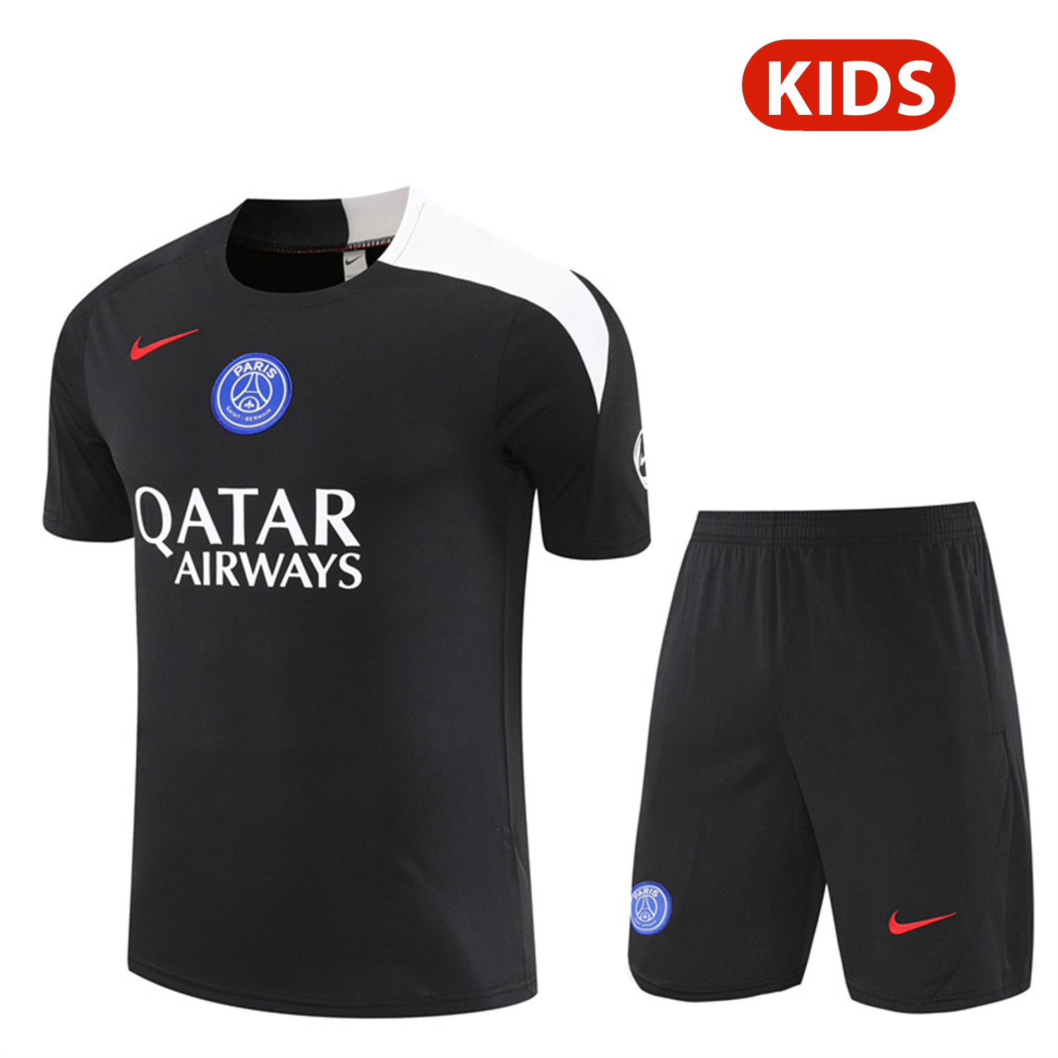 TKH-turbokithub-Paris Saint-Germain PSG 25-26 Kids Short-Sleeve Training Set - White Edge Black Top & Black Shorts