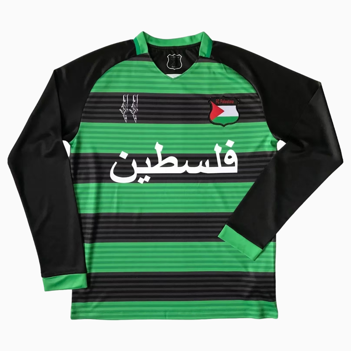TKH-turbokithub-FC Palestina 24 - 25 Black and Green Horizontal Striped Long Sleeve Jersey - With Arabic and Patterns