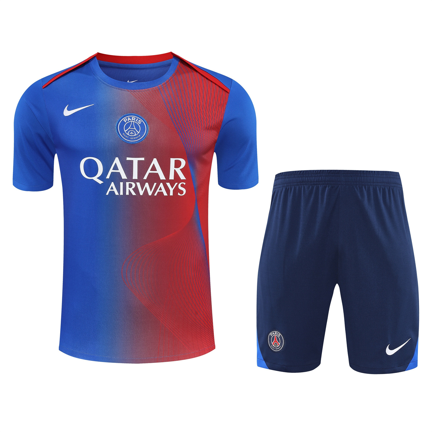 TKH-turbokithub-Paris Saint-Germain PSG 25-26 Short-Sleeve Training Set - Red And Blue Lines Top & Blue Shorts