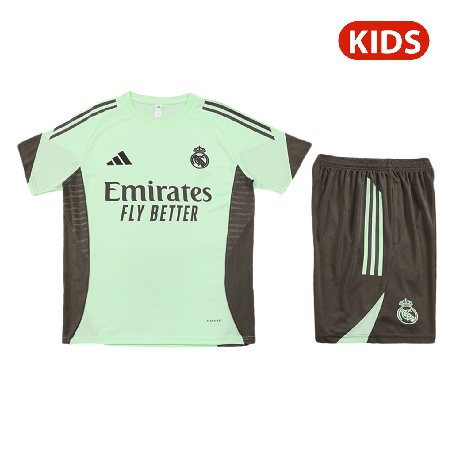 TKH-turbokithub-Real Madrid 25-26 Kids Short-Sleeve Training Set - Light Green Top and Dark Khaki Shorts