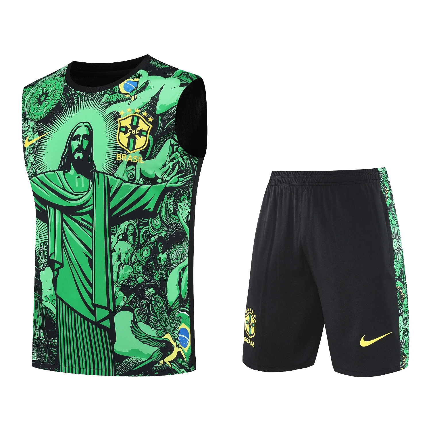 TKH-turbokithub-Brazil 25-26 Green Jesus Statue Vest Training Set - Green Vest & Black Shorts