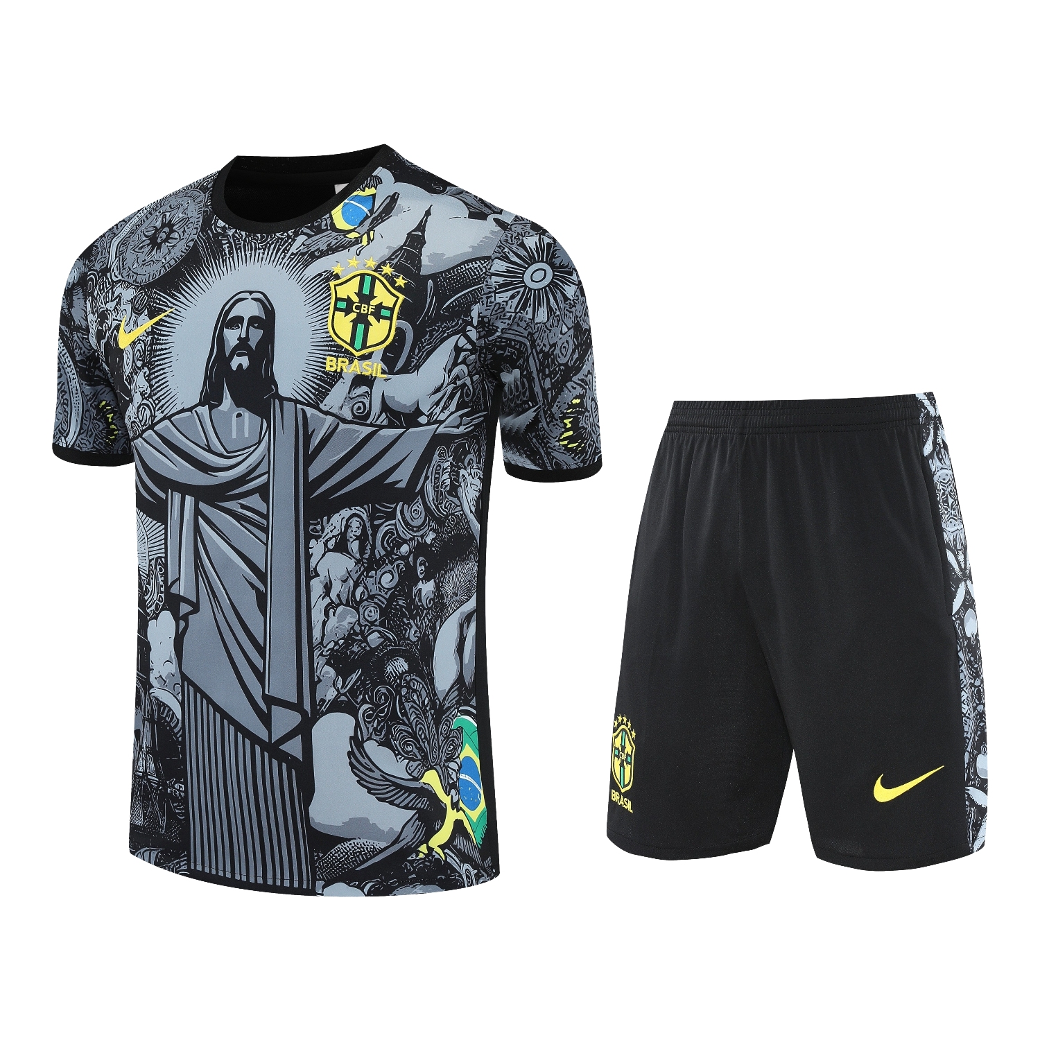 TKH-turbokithub-Brazil 25-26 Gray Jesus Statue Short-Sleeve Training Set - Gray Top & Black Shorts