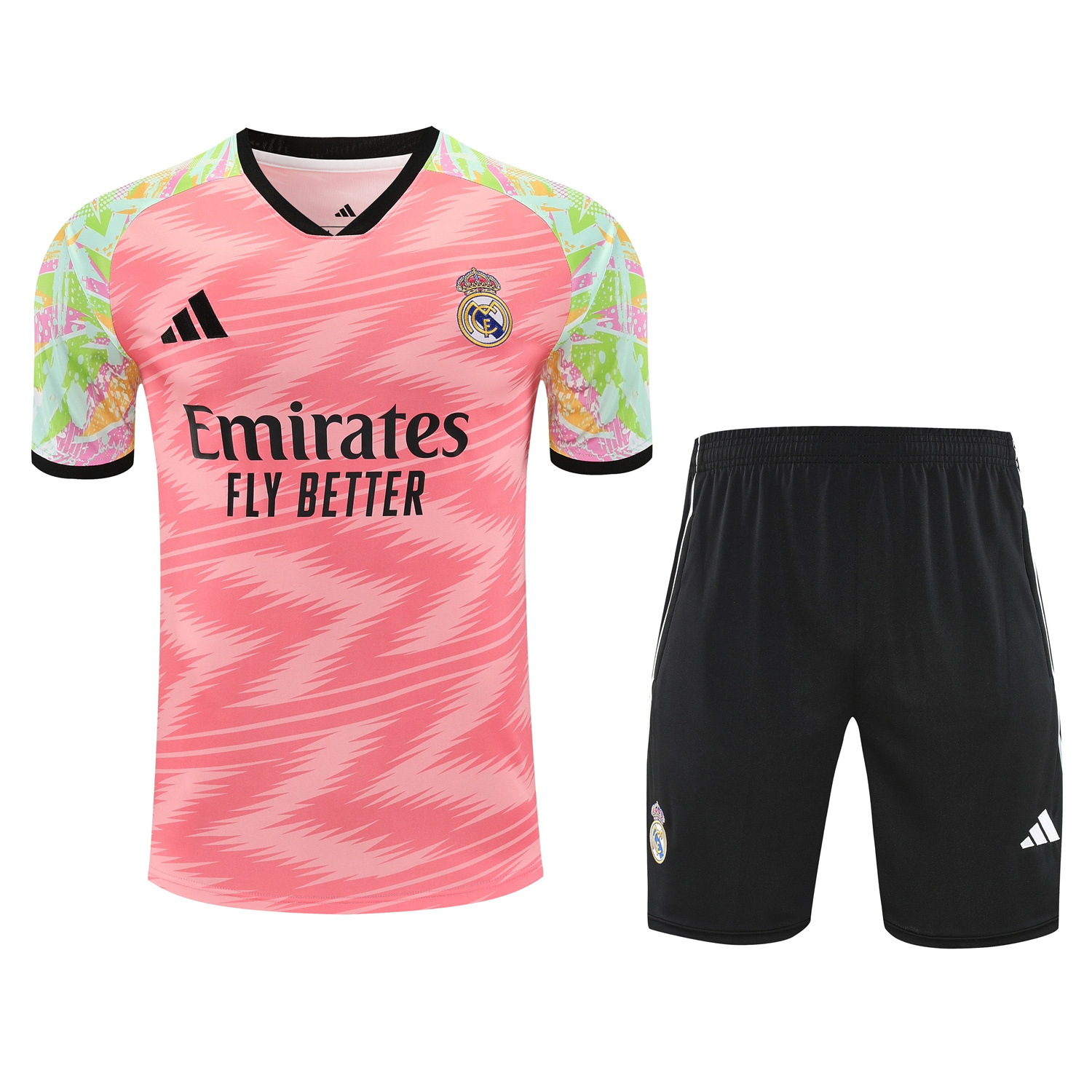 TKH-turbokithub-Real Madrid 25-26 Short-Sleeve Training Set - Pink Arrow Pattern Top & Black Shorts