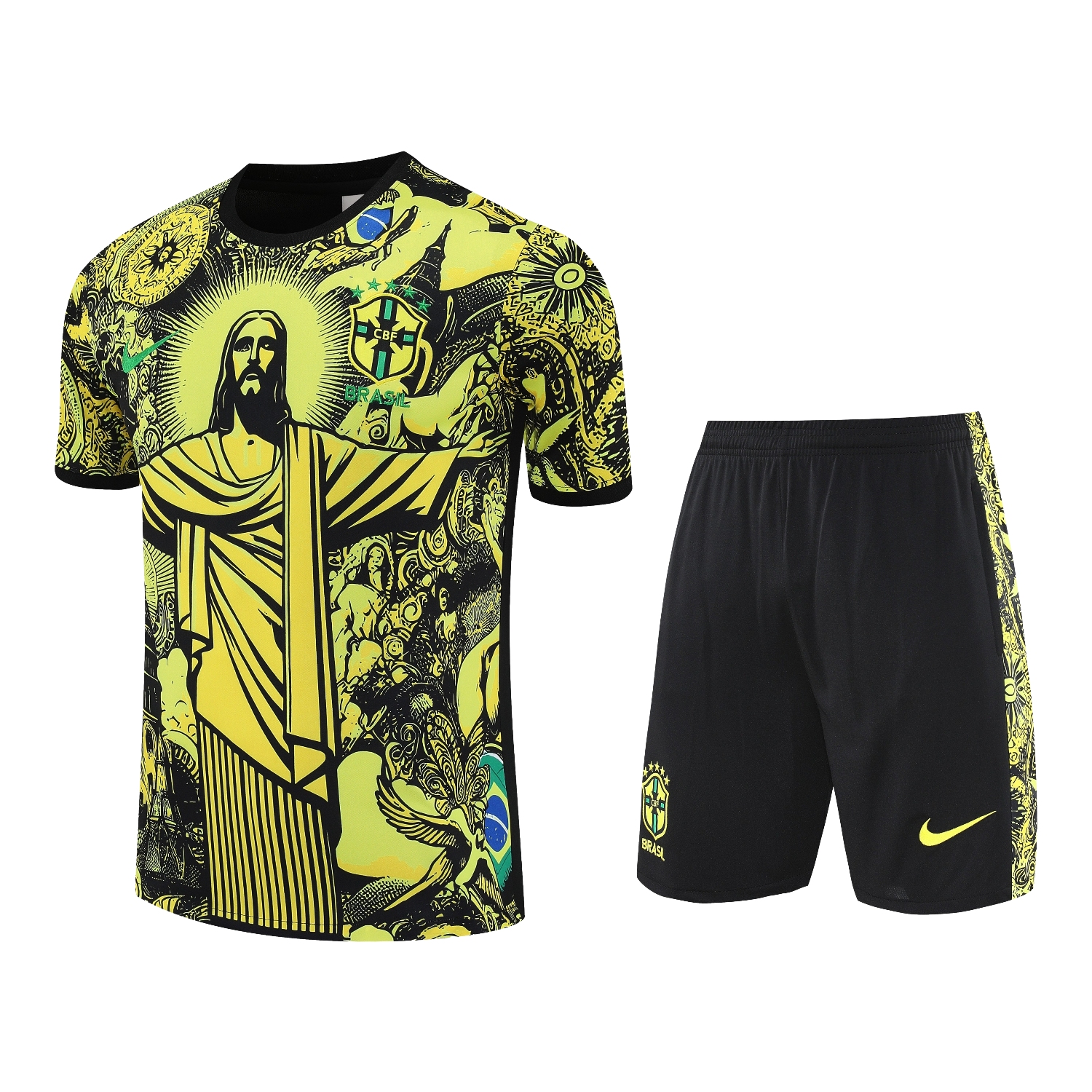 TKH-turbokithub-Brazil 25-26 Yellow Jesus Statue Short-Sleeve Training Set - Yellow Top & Black Shorts