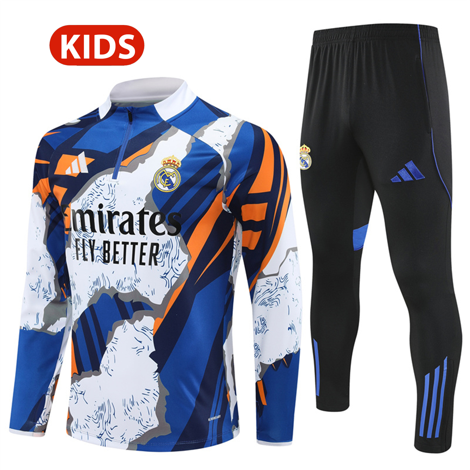 TKH-turbokithub-Real Madrid 25-26 Kids Long Sleeve Training Set - Yellow, White and Blue Camouflage Top and Black Pants