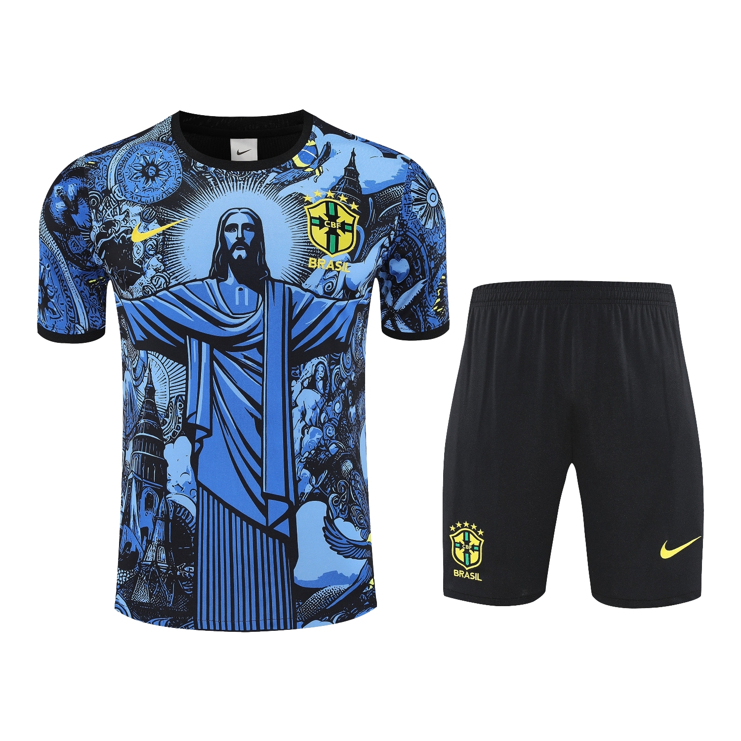 TKH-turbokithub-Brazil 25-26 Blue Jesus Statue Short-Sleeve Training Set - Blue Top & Black Shorts