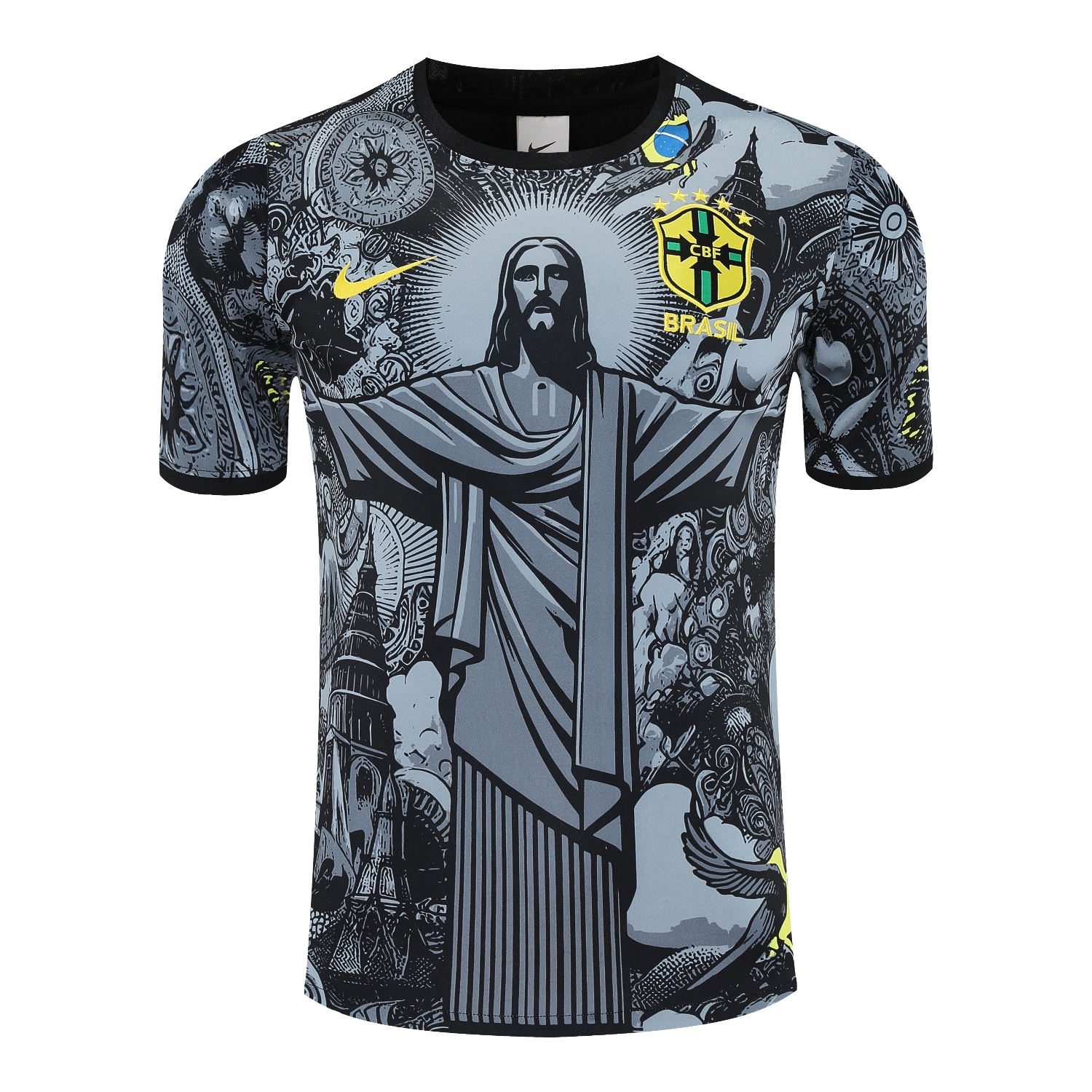 TKH-turbokithub-Brazil 25-26 Gray Jesus Statue Short-Sleeve Training Set - Gray Top & Black Shorts