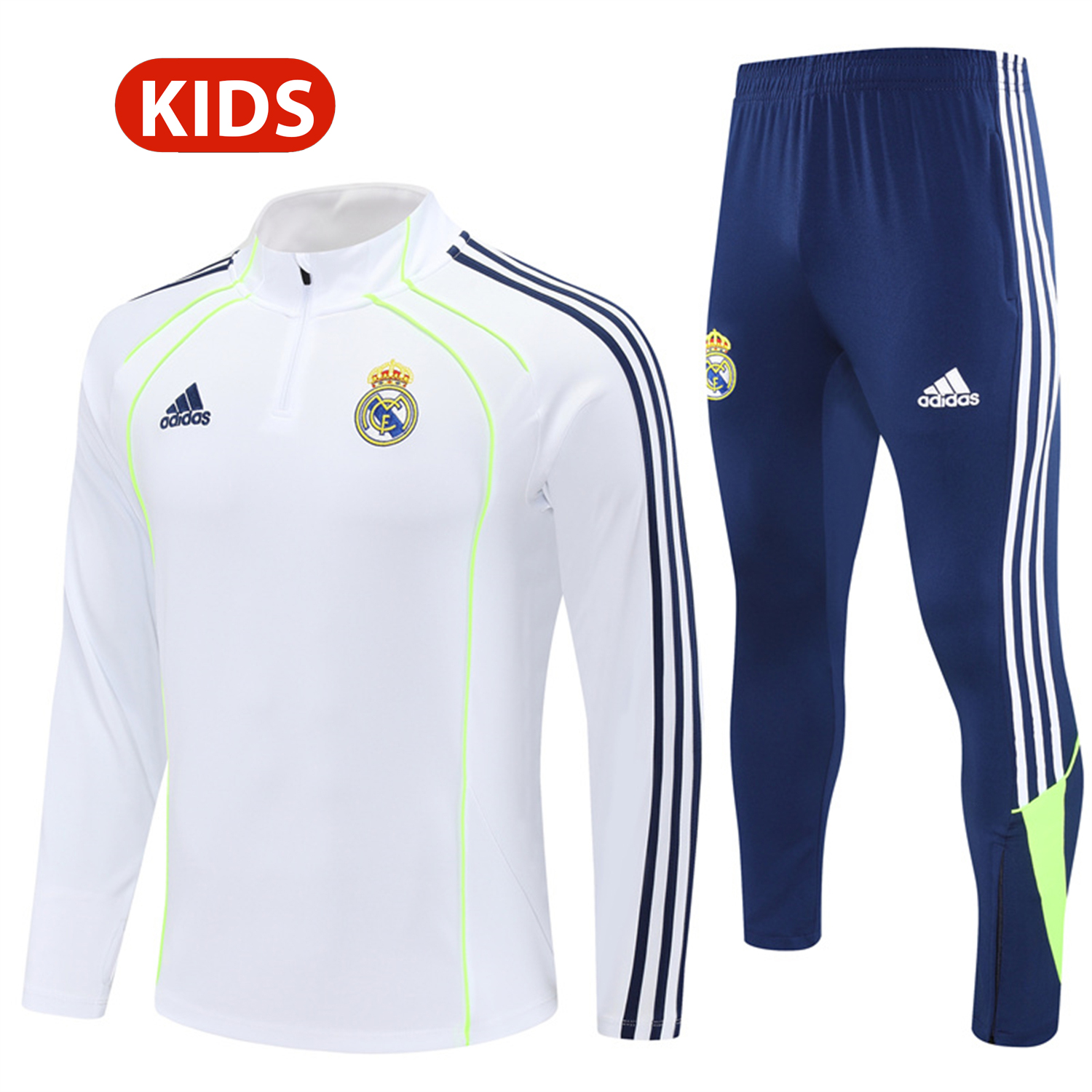 TKH-turbokithub-Real Madrid 25-26 Kids Long Sleeves Training Set - Green Line White Top and Blue Pants