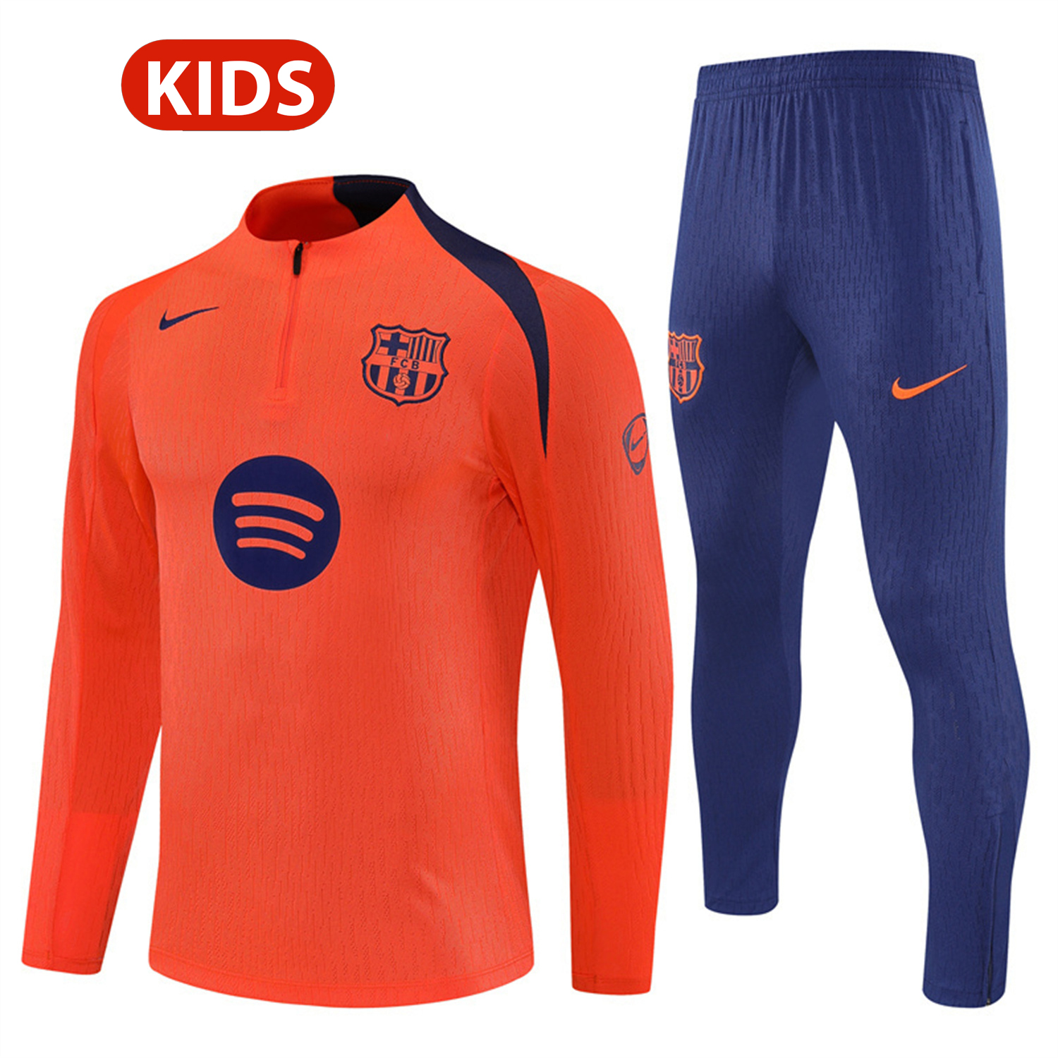 TKH-turbokithub-Barcelona 25-26 Kids Long Sleeve Training Set - Orange Top Royal Blue Sponsor & Royal Blue Pants
