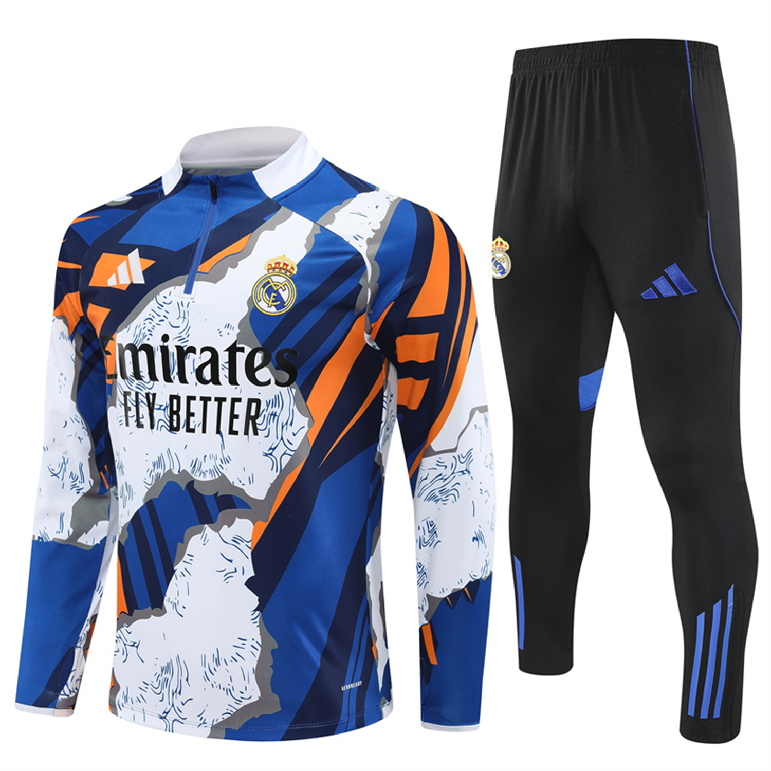TKH-turbokithub-Real Madrid 25-26 Long Sleeve Training Set - Yellow, White and Blue Camouflage Top and Black Pants