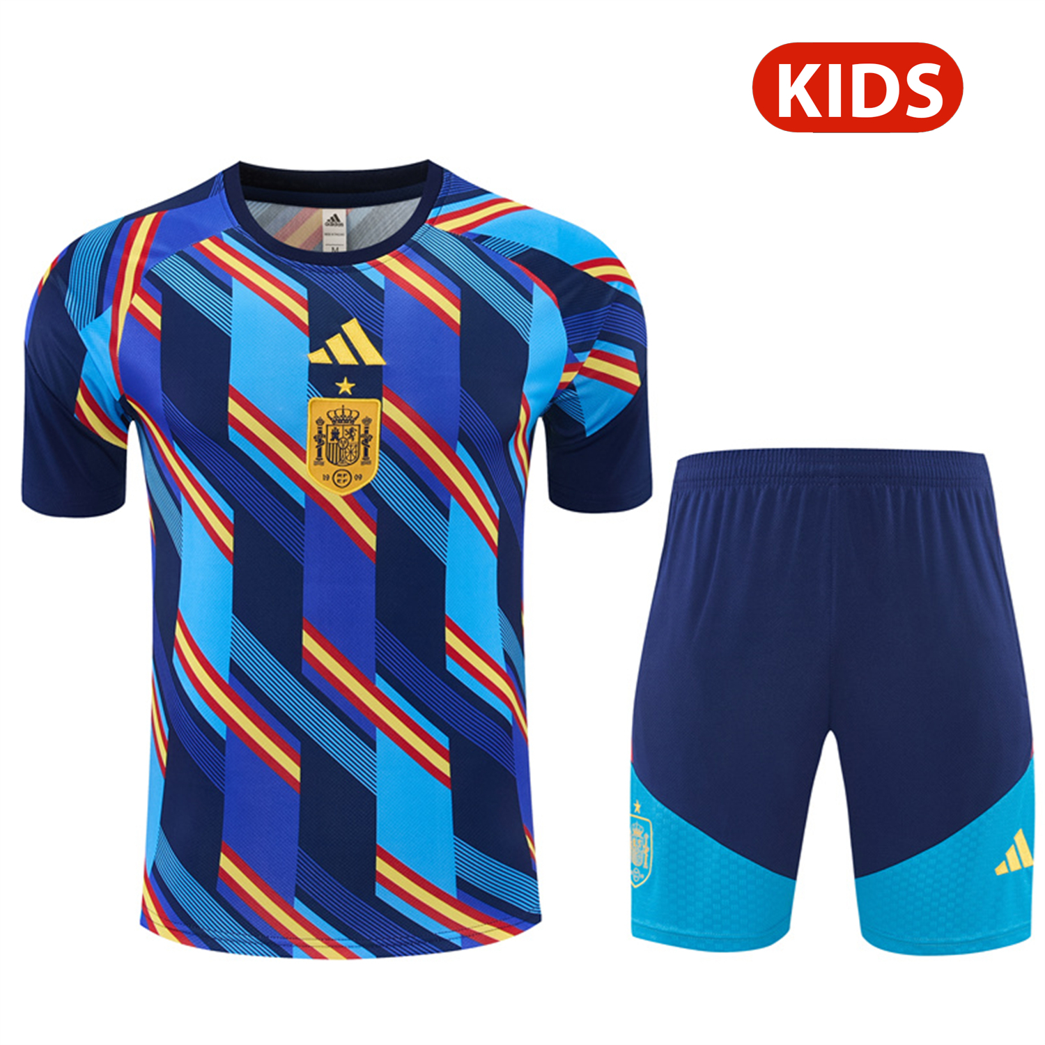 TKH-turbokithub-Spain 2026 Kids Short-Sleeve Training Set - Royal Blue And Yellow Top & Royal Blue Shorts