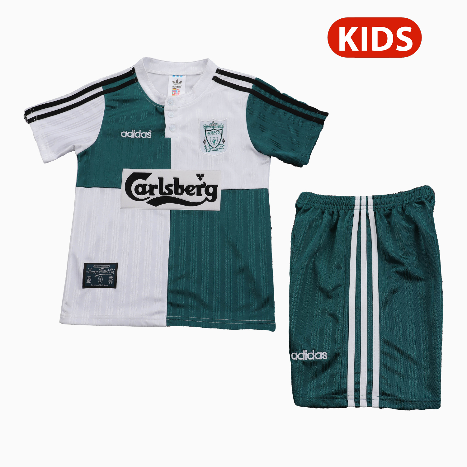 TKH-turbokithub-Retro Liver.pool 1995-96 Away White And Green Kids Kit