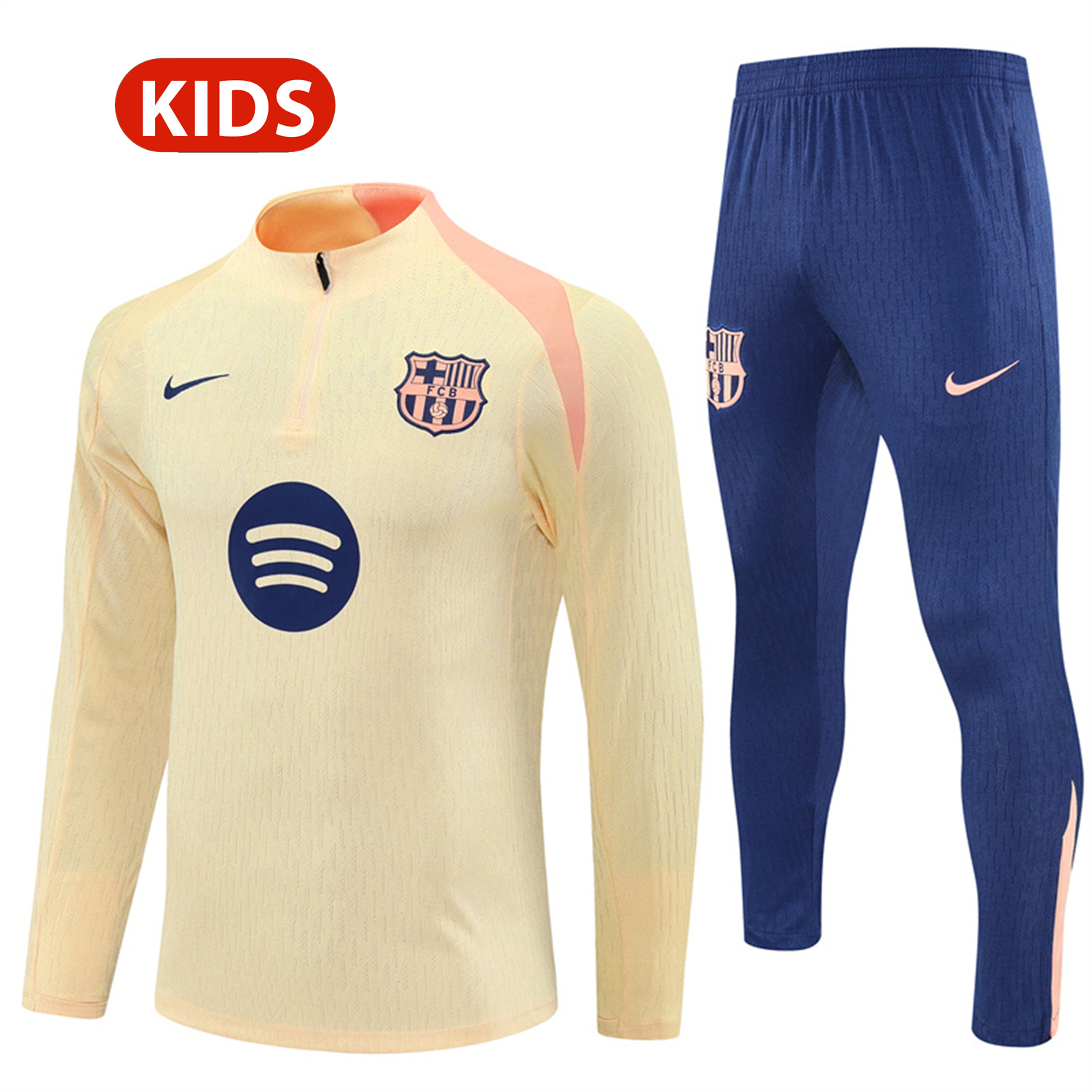 TKH-turbokithub-Barcelona 25-26 Kids Long Sleeve Training Set - Player Version - Light Yellow Top and Blue Pants
