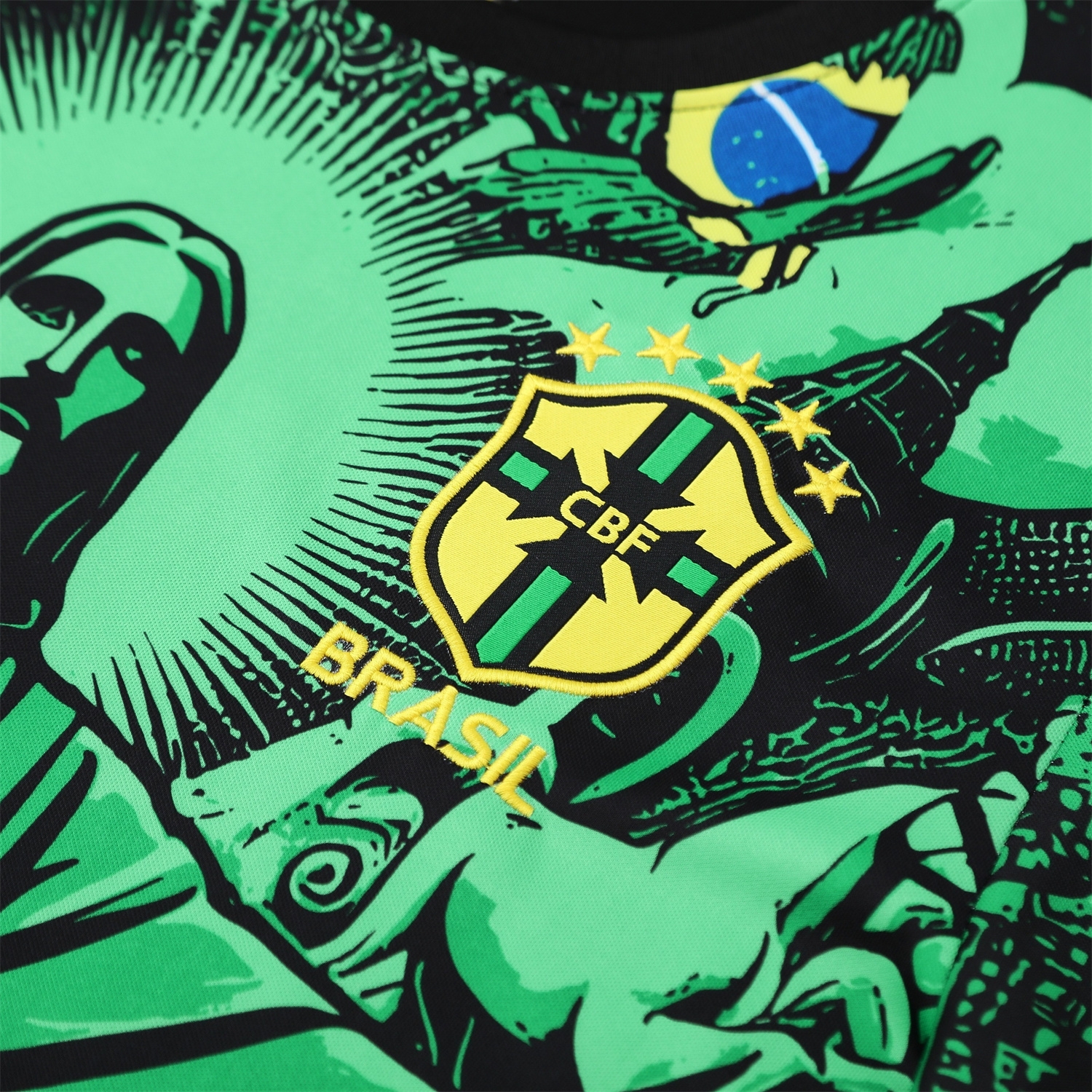 TKH-turbokithub-Brazil 25-26 Green Jesus Statue Short-Sleeve Training Set - Green Top & Black Shorts
