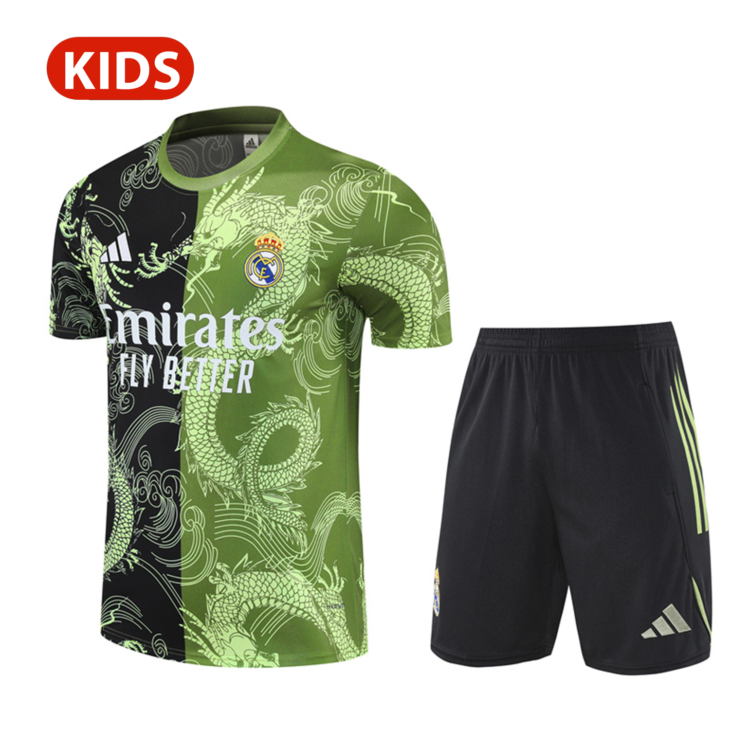 TKH-turbokithub-Real Madrid 25-26 Kid Short-Sleeve Training Set - Green Black Top & Black Shorts