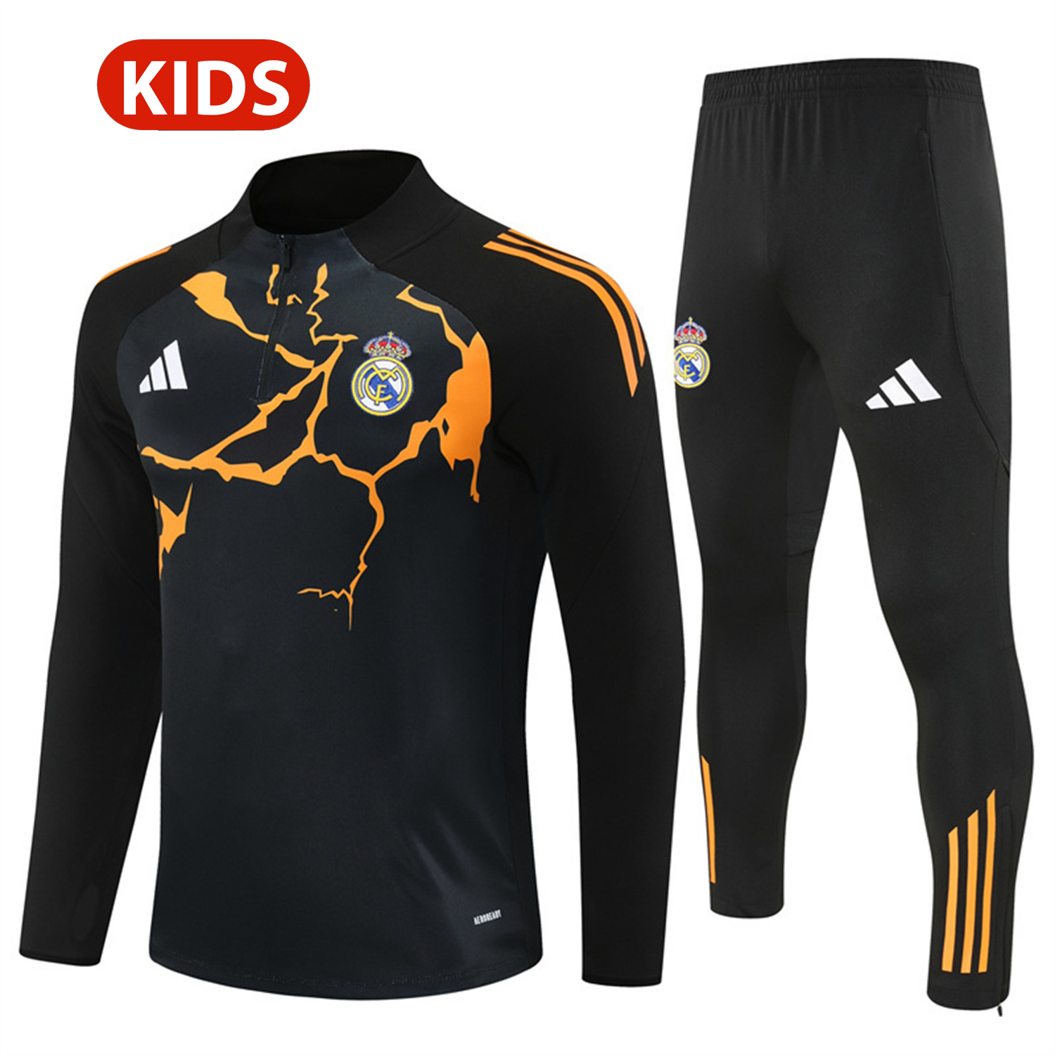TKH-turbokithub-Real Madrid 25-26 Kids Long Sleeve Training Set - Player Version - Yellow Pattern Black Top and Black Pants