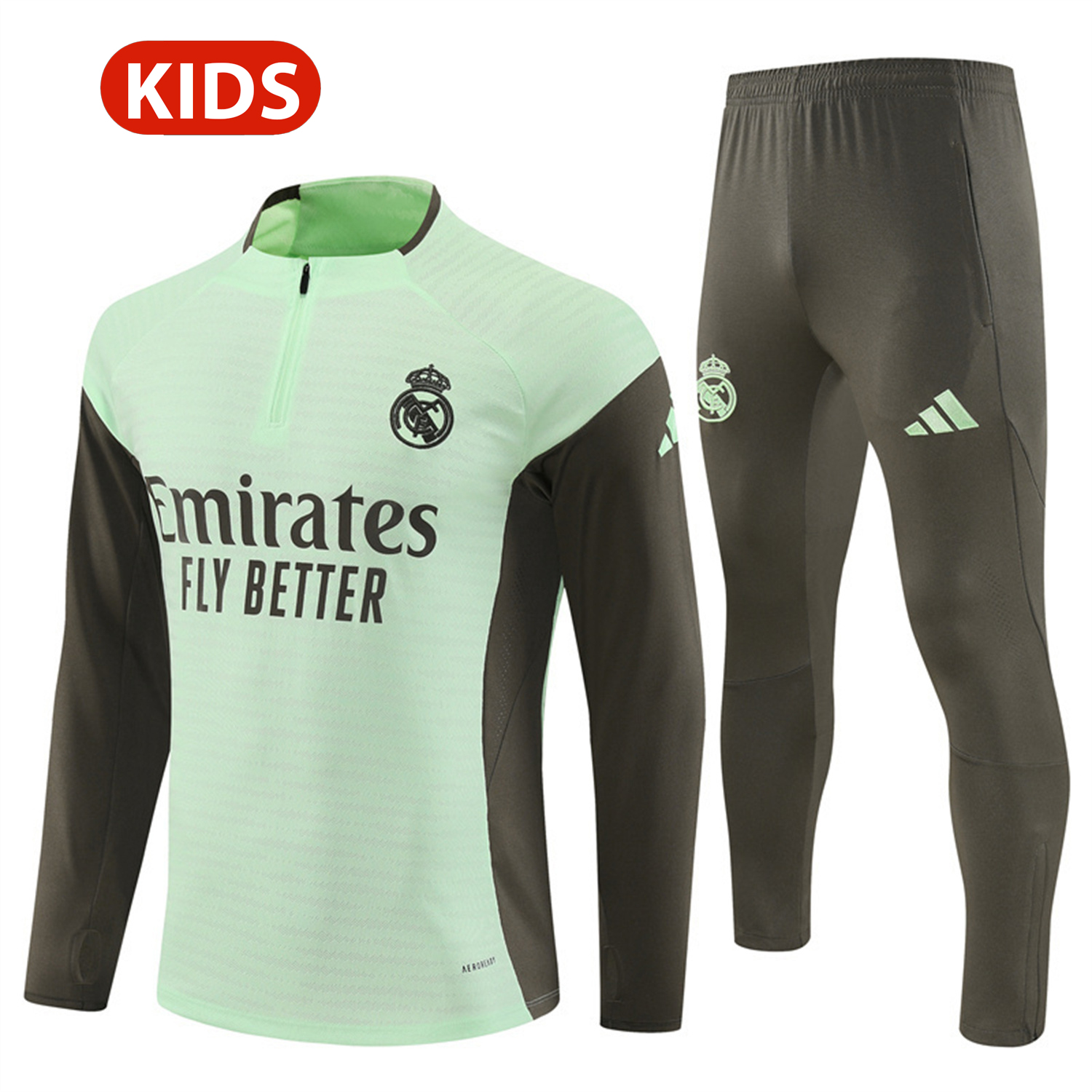TKH-turbokithub-Real Madrid 25-26 Kids Long Sleeve Training Set - Player Version - Light Green Top and Khaki Pants