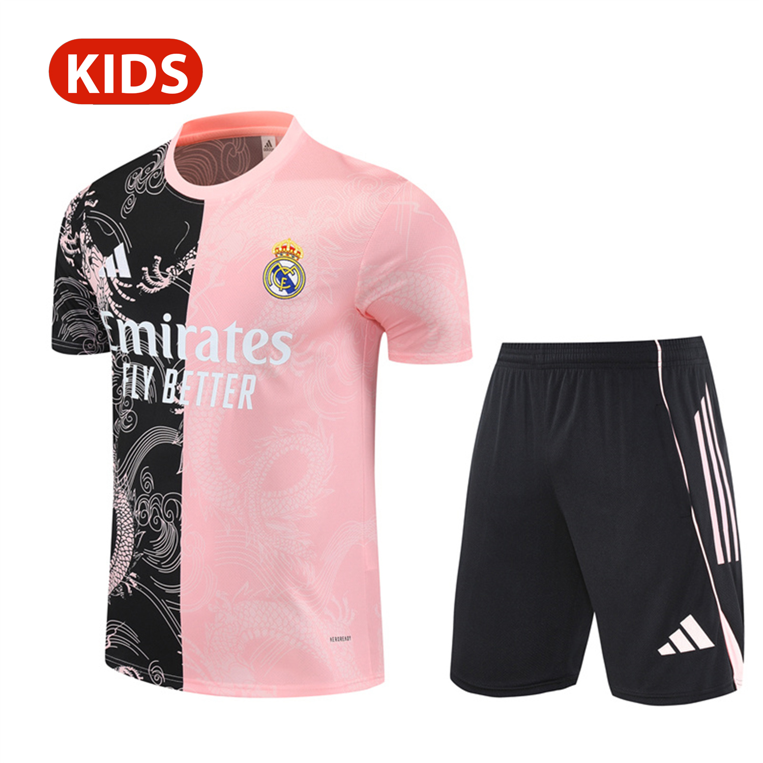 TKH-turbokithub-Real Madrid 25-26 Kid Short-Sleeve Training Set - Pink Black Top & Black Shorts