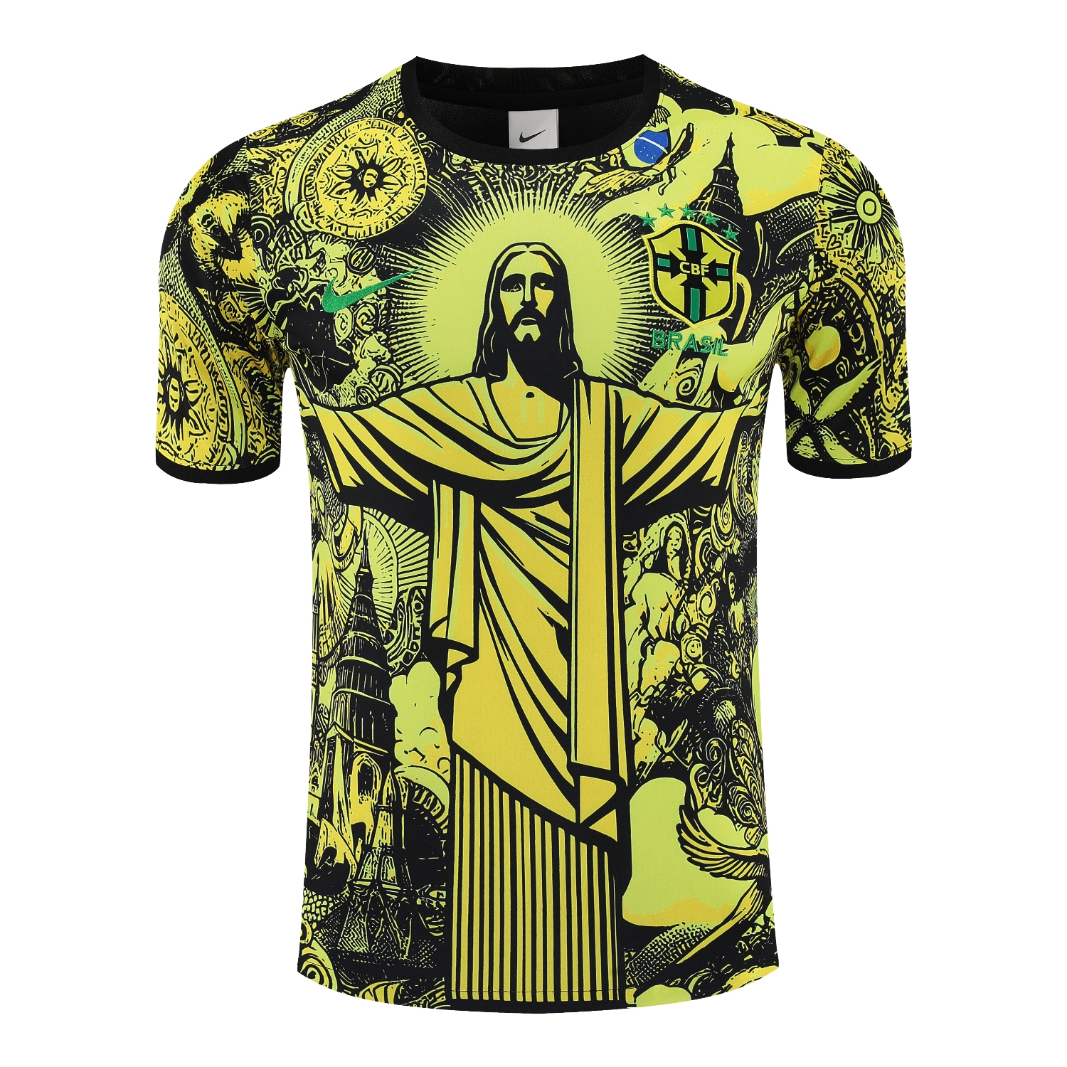 TKH-turbokithub-Brazil 25-26 Yellow Jesus Statue Short-Sleeve Training Set - Yellow Top & Black Shorts