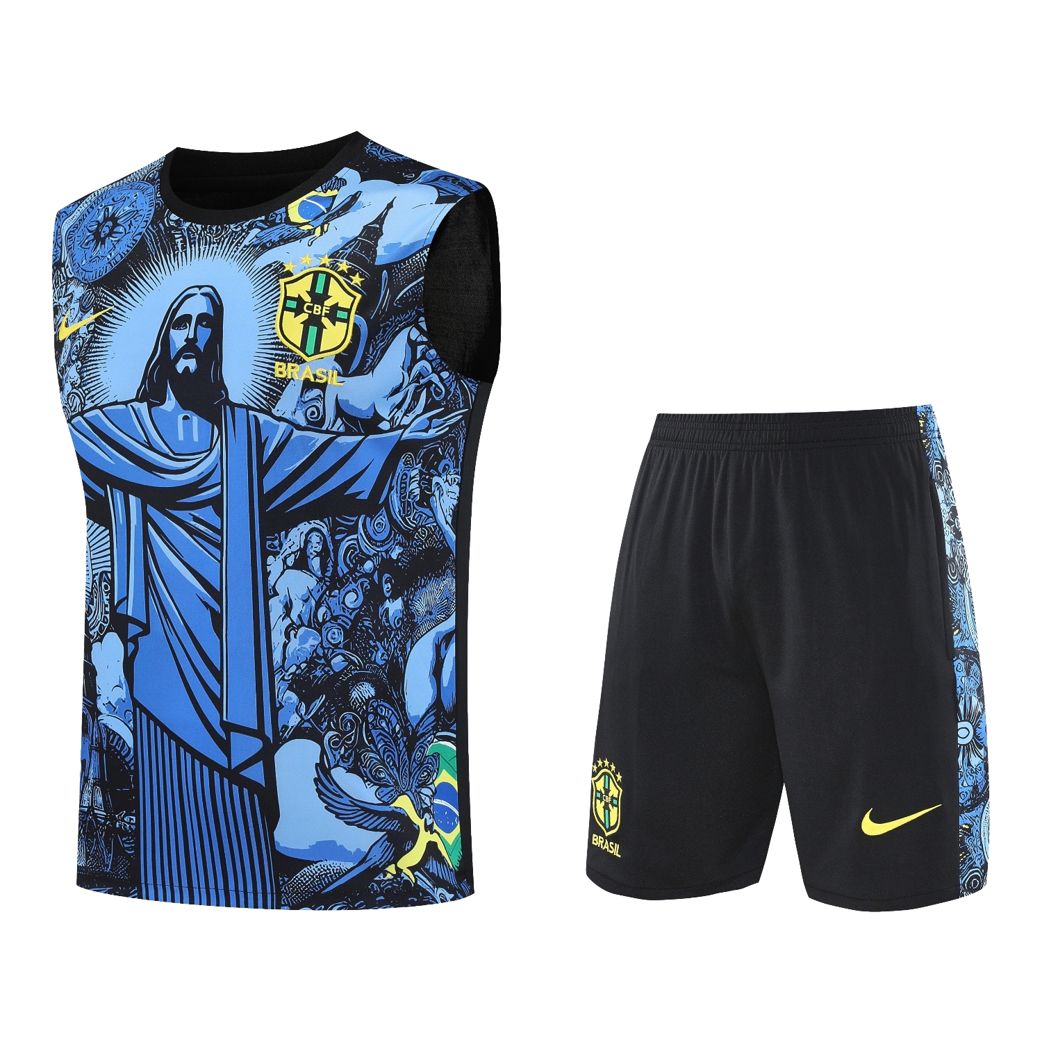 TKH-turbokithub-Brazil 25-26 Blue Jesus Statue Vest Training Set - Blue Vest & Black Shorts
