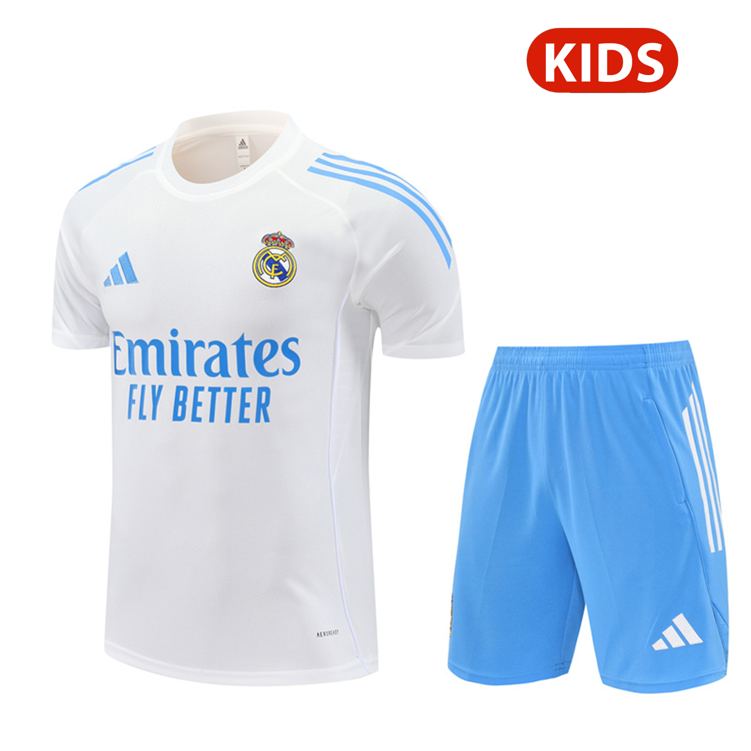 TKH-turbokithub-Real Madrid 25-26 Kids Short-Sleeve Training Set - White Top and Sky Blue Shorts