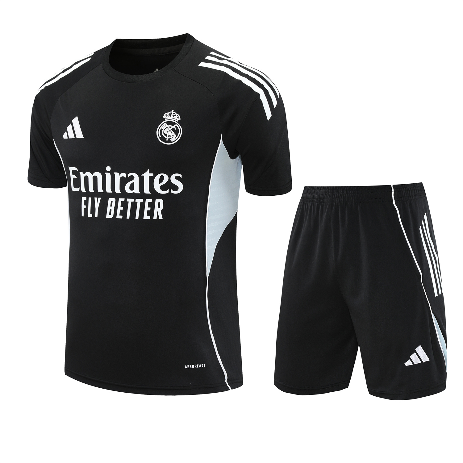 TKH-turbokithub-Real Madrid 25-26 Short-Sleeve Training Set - Light Grey Stripes Black Top & Black Shorts