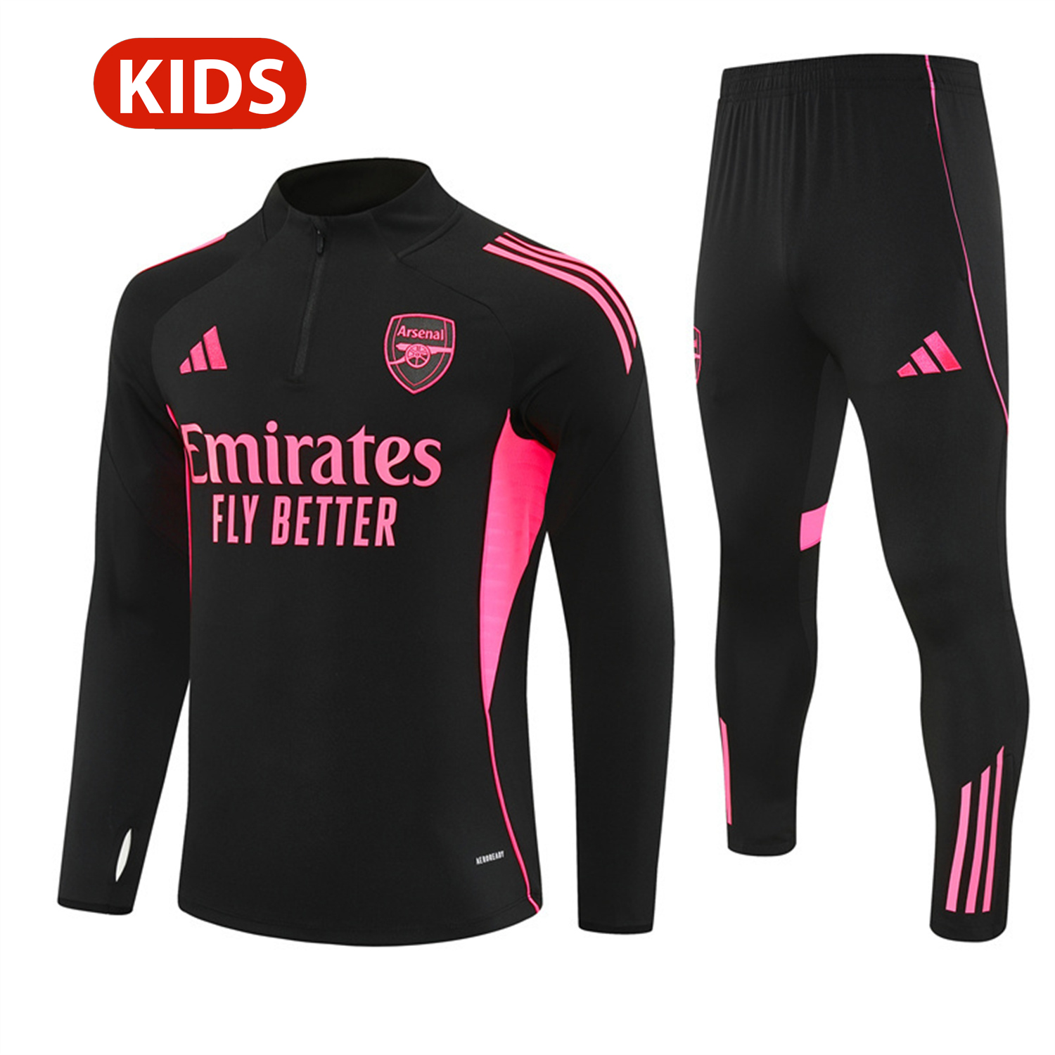 TKH-turbokithub-Arsenal 25-26 Kids Long Sleeve Training Set - Pink Logo Balck Top & Black Pants