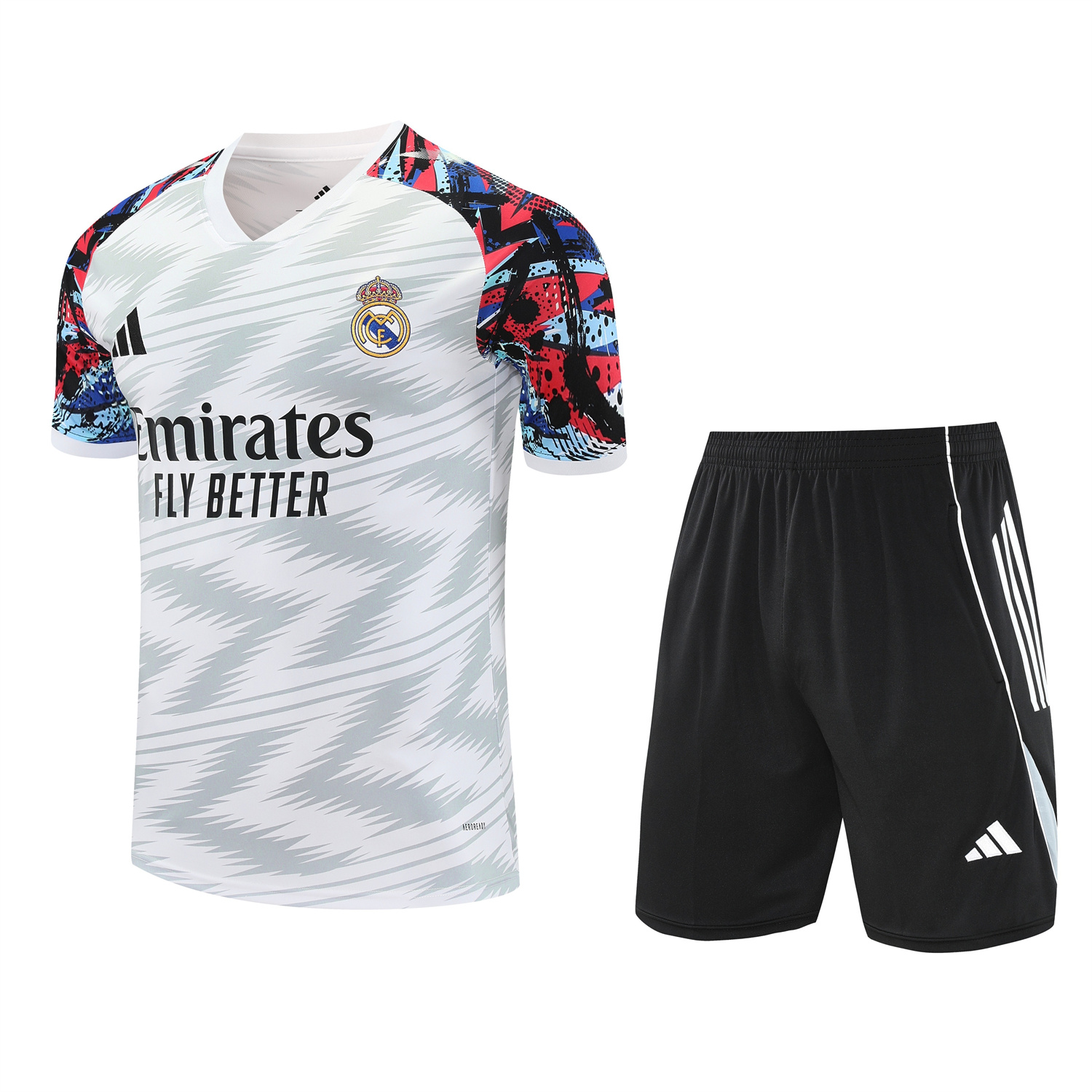TKH-turbokithub-Real Madrid 25-26 Short-Sleeve Training Set - Grey Arrow Pattern Top & Black Shorts
